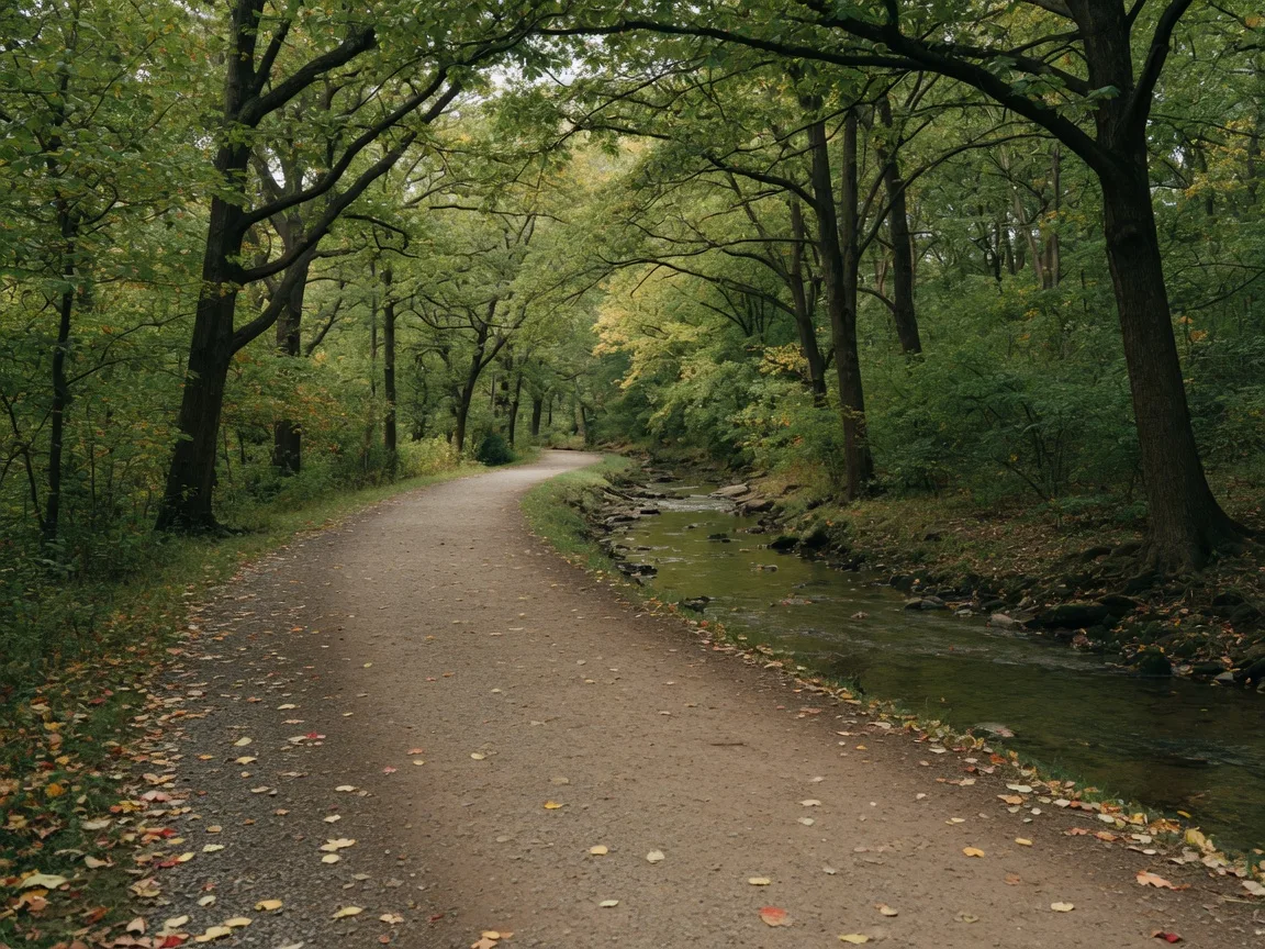 A shaded wooded trail running beside Pennypack Creek in the Northeast Philadelphia park near the Somerton and Torresdale sections