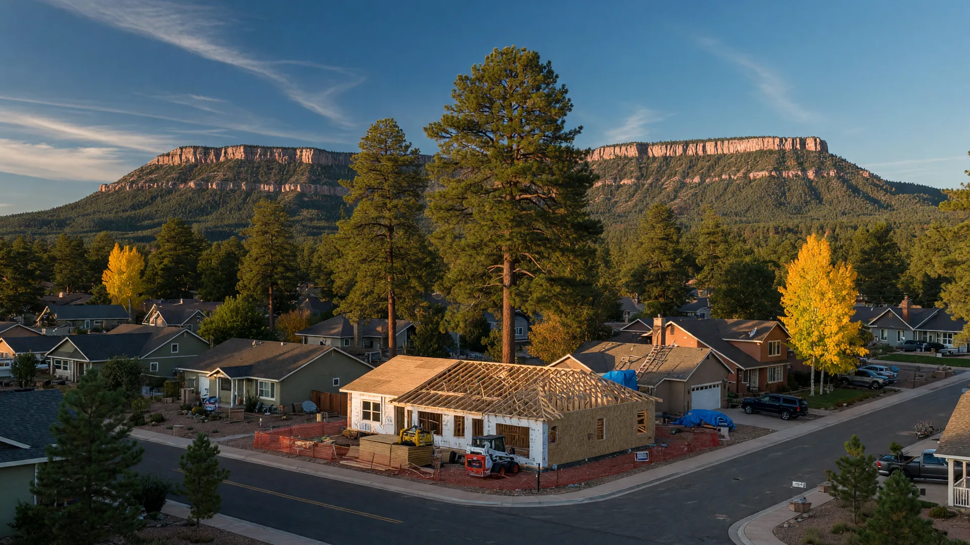Golden-hour view of a Payson, Arizona neighborhood in October with Ponderosa pines, gold aspens, and the Mogollon Rim in the distance