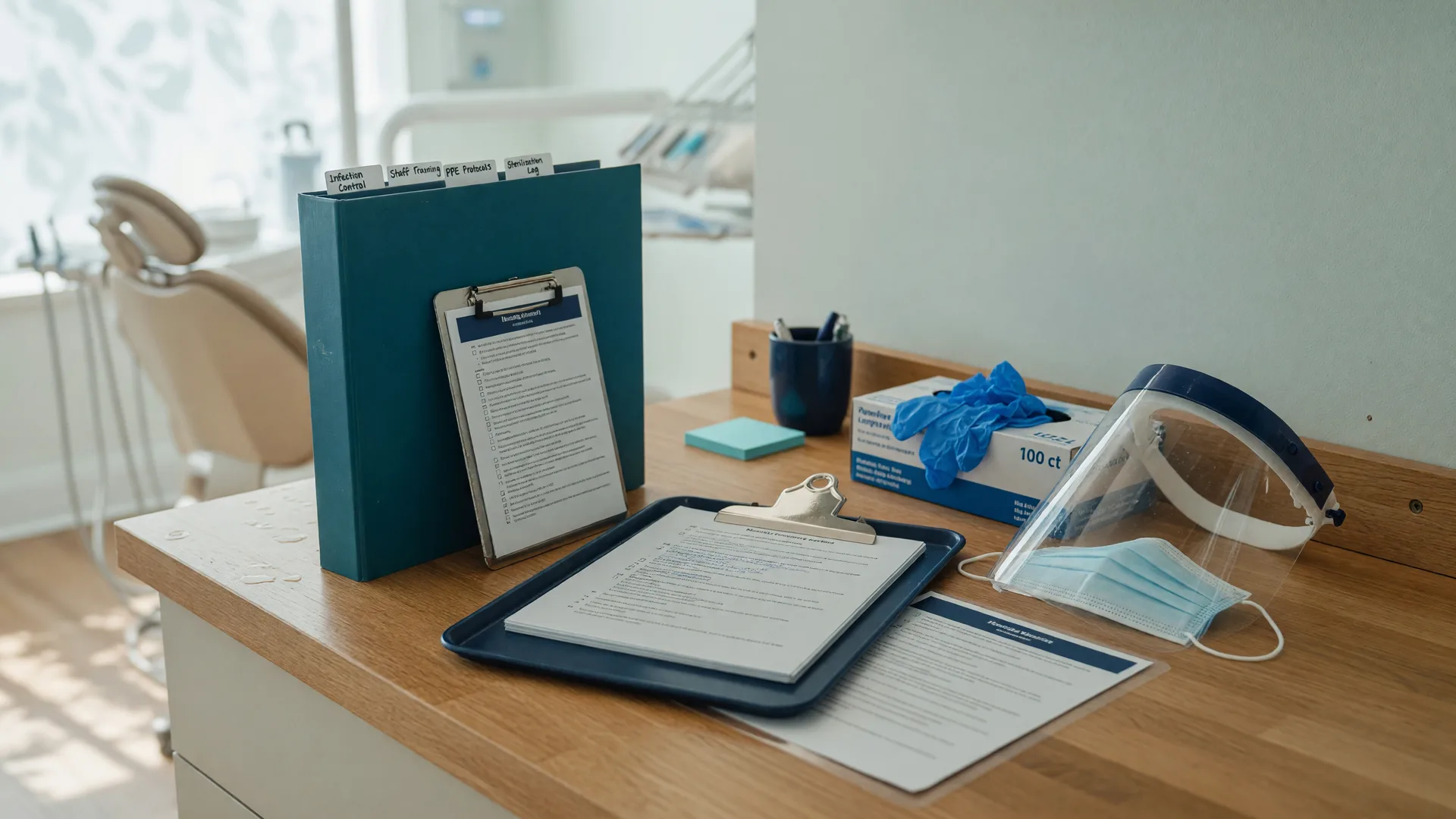 Organized compliance station in a small dental practice: teal tabbed binder, training checklist on a clipboard, blue nitrile glove box, surgical mask, and face shield on a counter with a softly blurred operatory behind