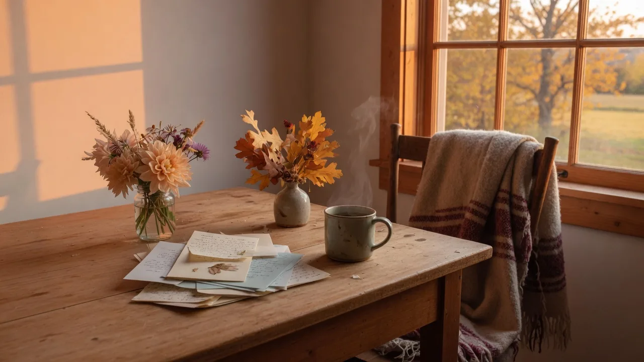 A cozy autumn table beside a sunlit window holding a jar of flowers, handwritten thank-you notes, golden fall leaves, a wool blanket, and a steaming mug of tea in warm golden-hour light