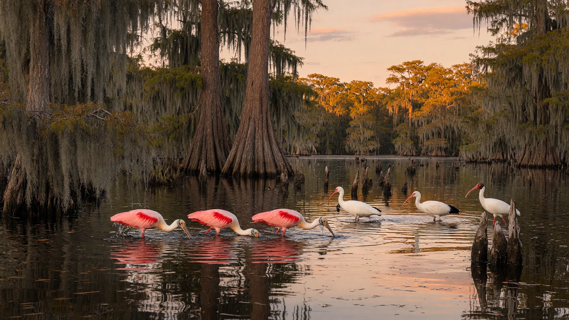 Roseate spoonbills and white ibis wading through a golden-hour cypress slough in Southwest Florida, with cypress trees reflected in dark water