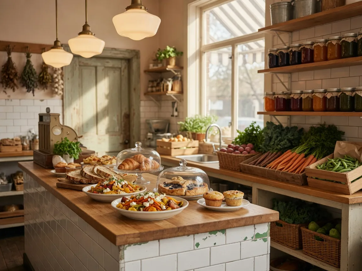 Seasonal dishes and preserves displayed at a farm-to-table kitchen counter in a heritage storefront, representing fig kitchen and market in downtown Uxbridge
