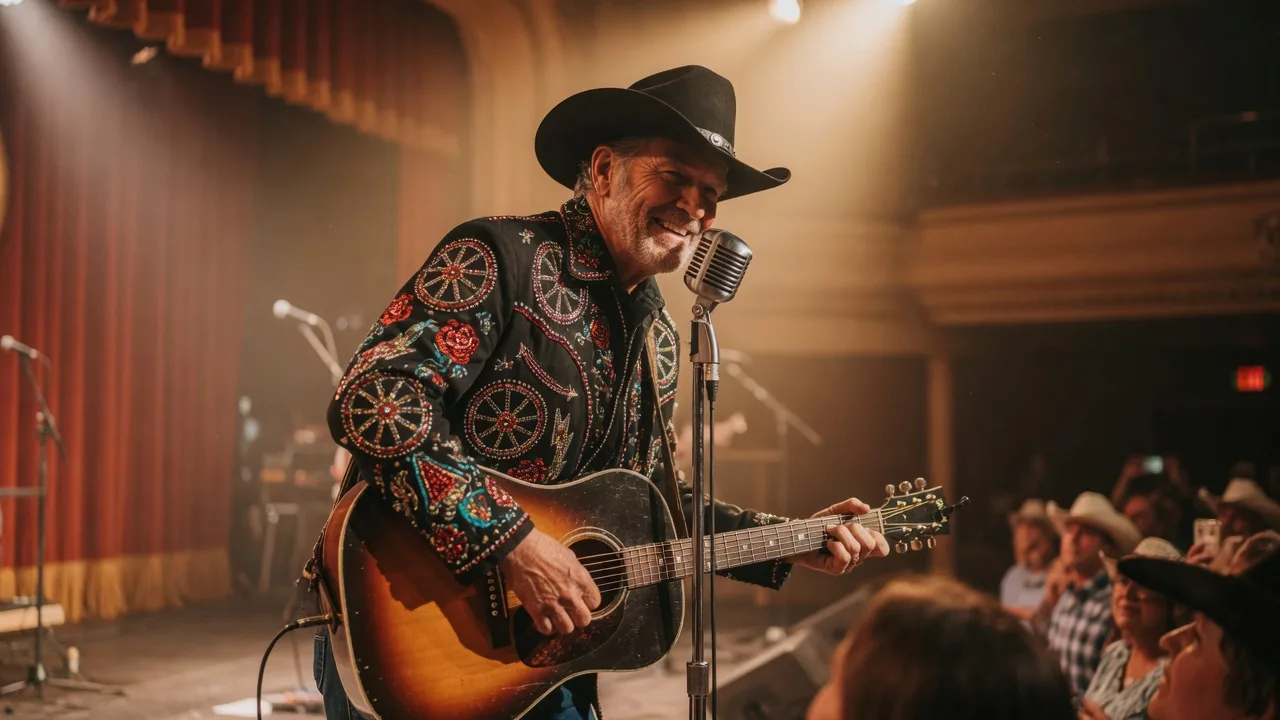 A legendary country performer in a rhinestone-embroidered jacket on stage under warm golden spotlights with soft haze