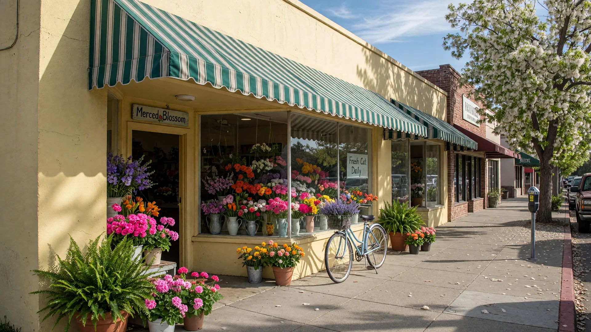 The KC Floral Co. florist shopfront on N Street in downtown Merced, a classic storefront with a green-and-white awning and a plate-glass window full of fresh bouquets