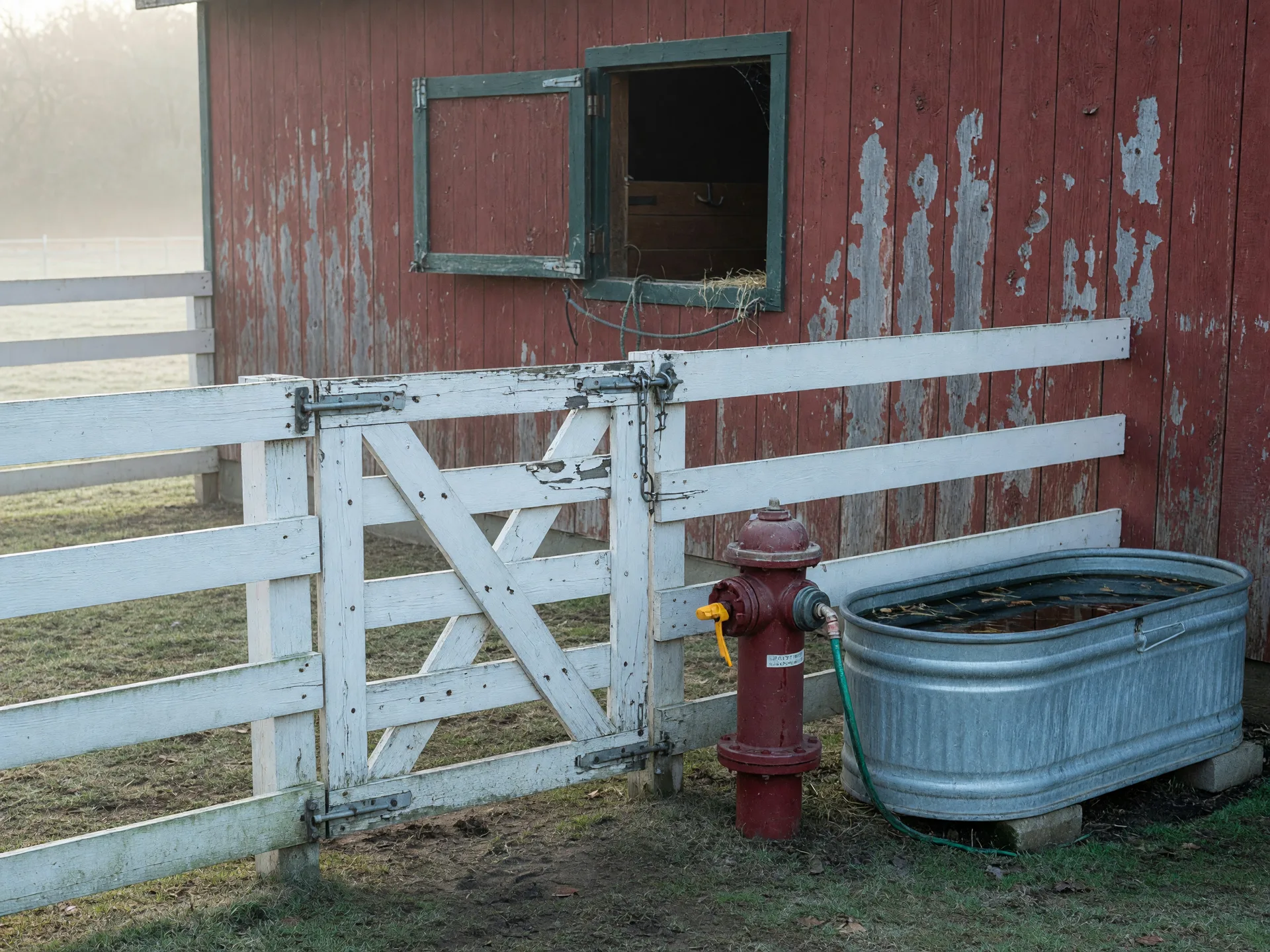 Horse farm infrastructure details: a board fence line with a latched gate, a frost-free hydrant beside a galvanized water trough, and a barn wall with a stall window