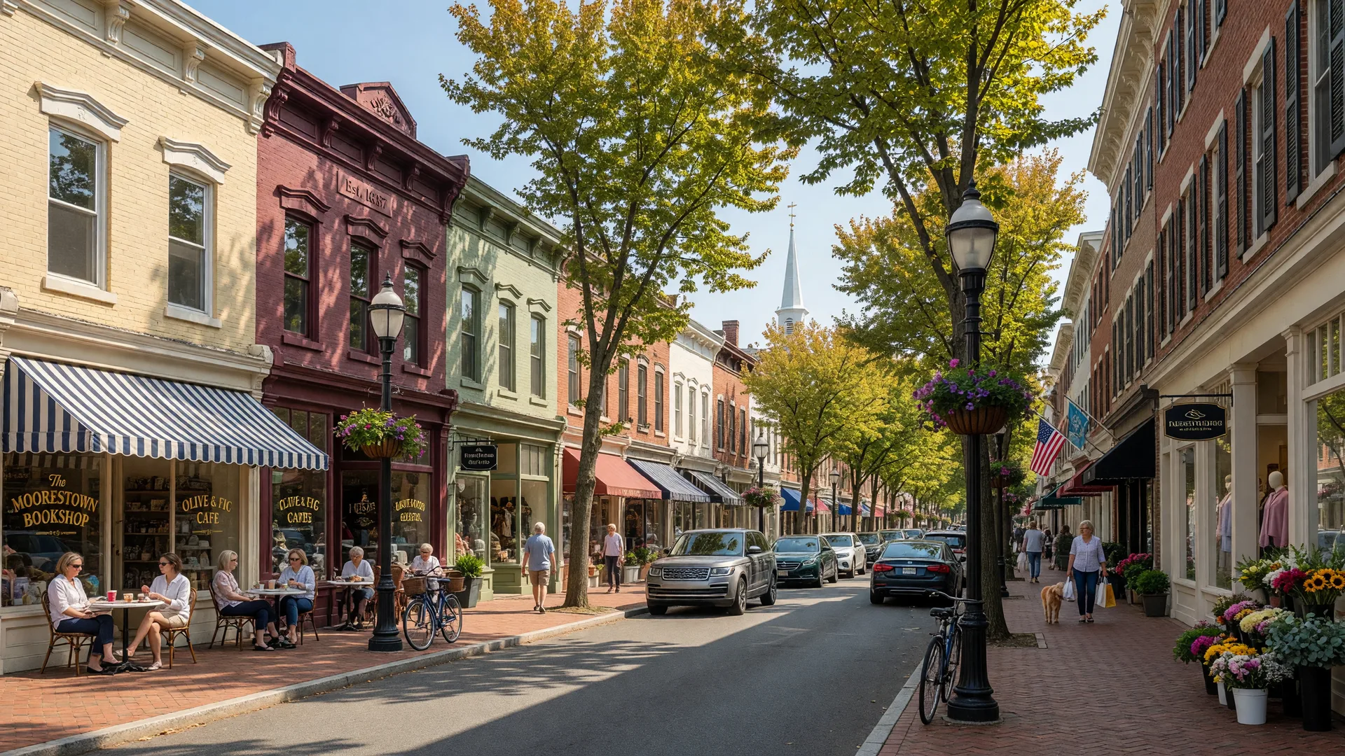 Historic downtown Moorestown with tree-lined Main Street, boutique shops, and elegant architecture