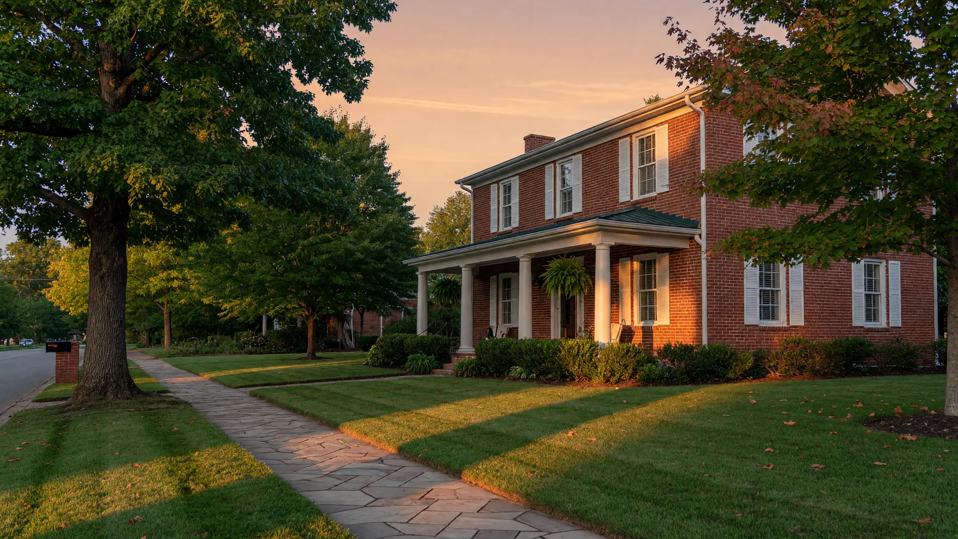 A brick home in a leafy Middle Tennessee suburb at golden hour