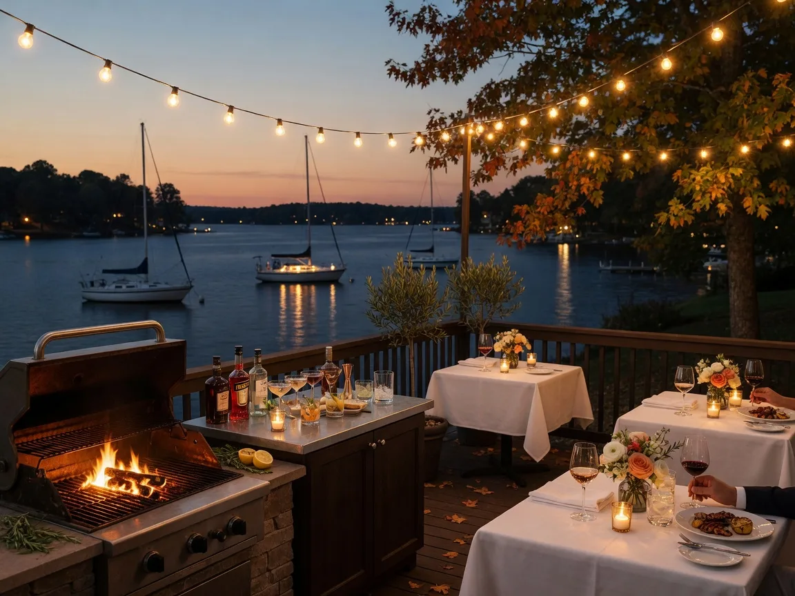 A warm September evening on an upscale lakeside restaurant patio in Cornelius with a glowing grill, craft-cocktail bar, candle-lit tables, sailboat harbor views, and string lights overhead