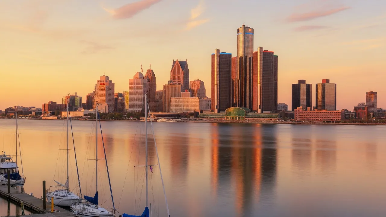 Detroit skyline across the Detroit River at golden hour