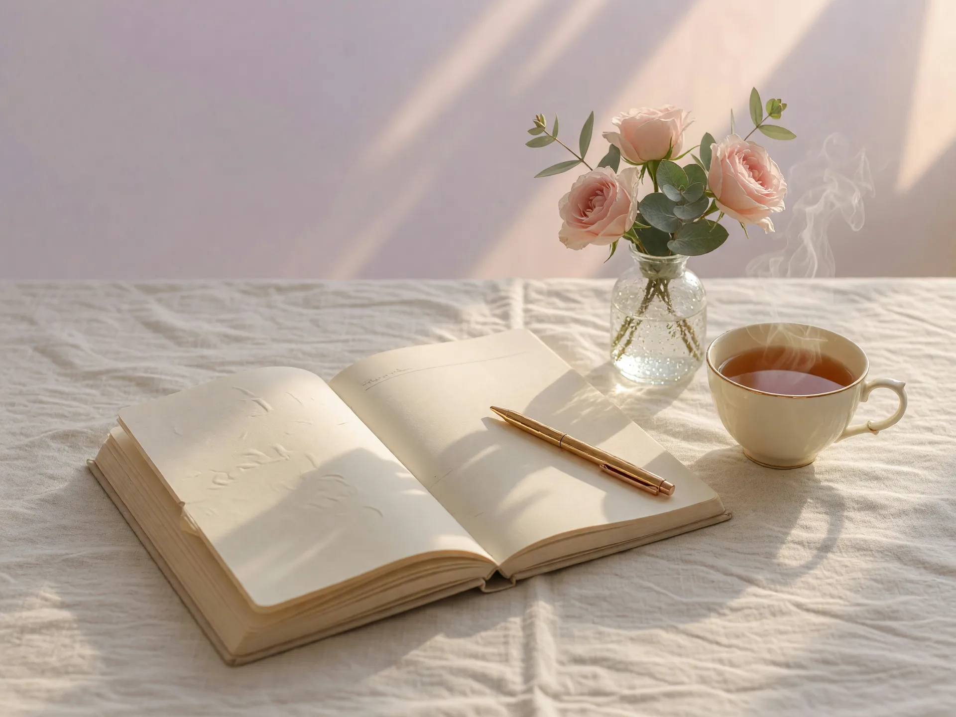 Open cream journal with a gold pen, blush roses, and sage beside a steaming cup of tea