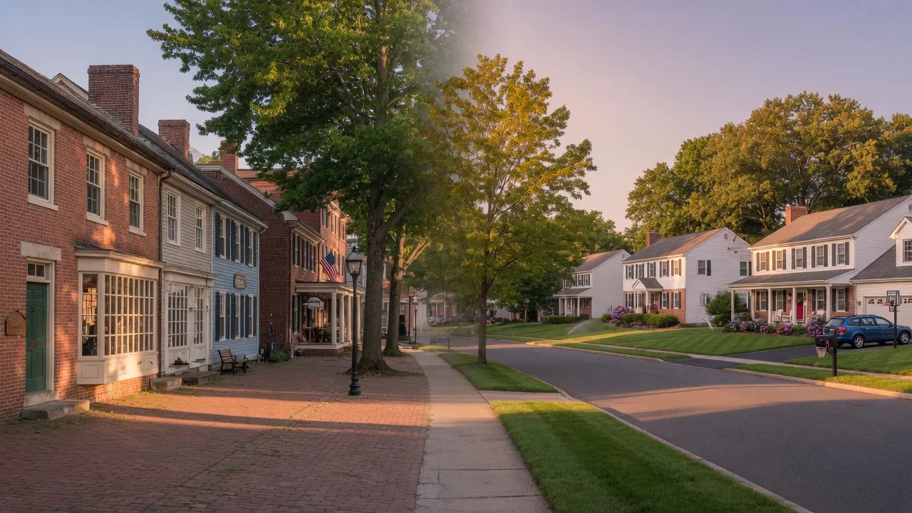 Split-screen comparison of historic High Street in Burlington City with its brick storefronts and the leafy suburban streets of Burlington Township