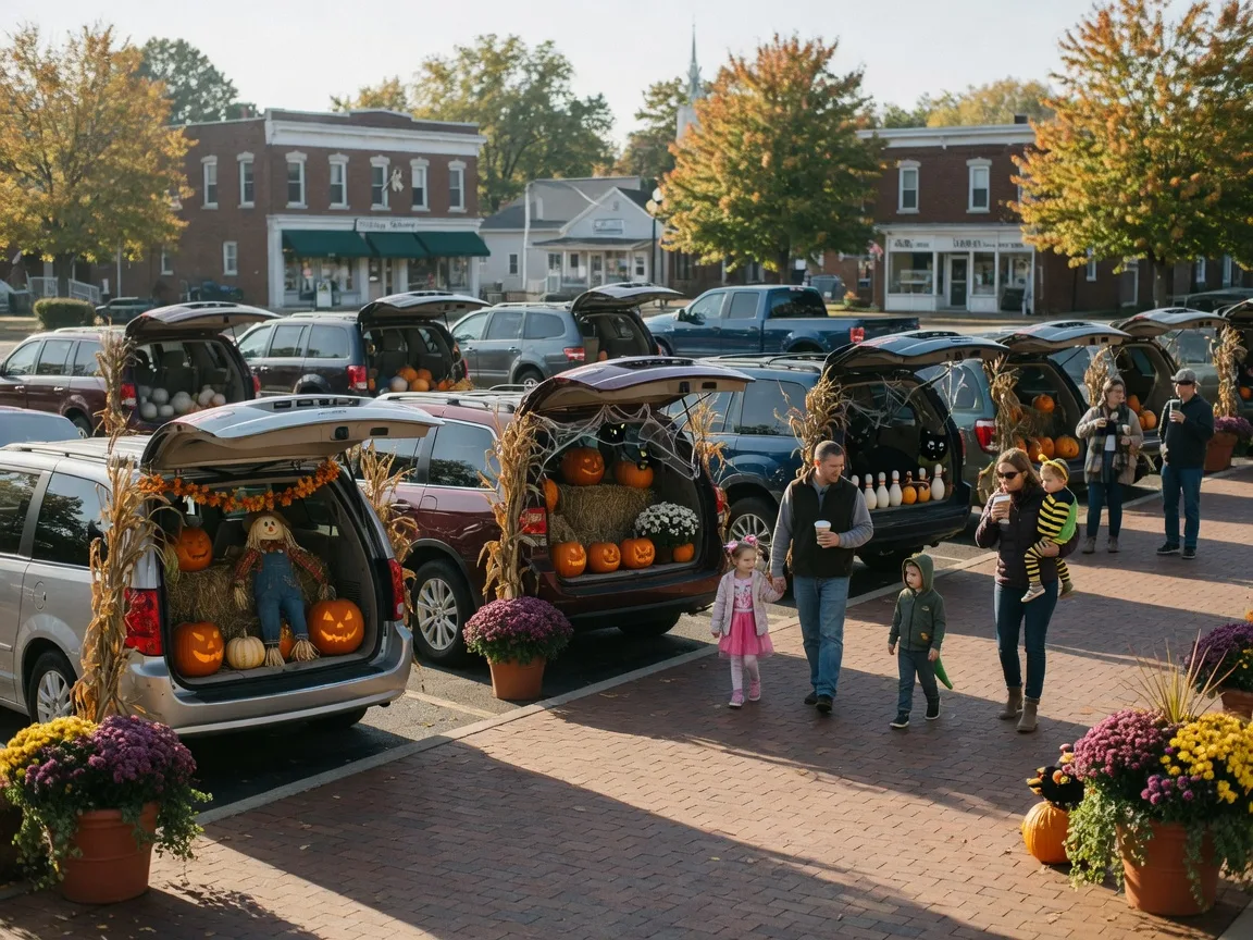 Rows of autumn-decorated car trunks with pumpkins and hay bales at a family trunk-or-treat on a village commons