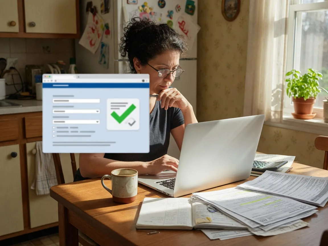 A homeowner filing a property tax protest online on a laptop at a kitchen table with tax documents and a coffee mug nearby