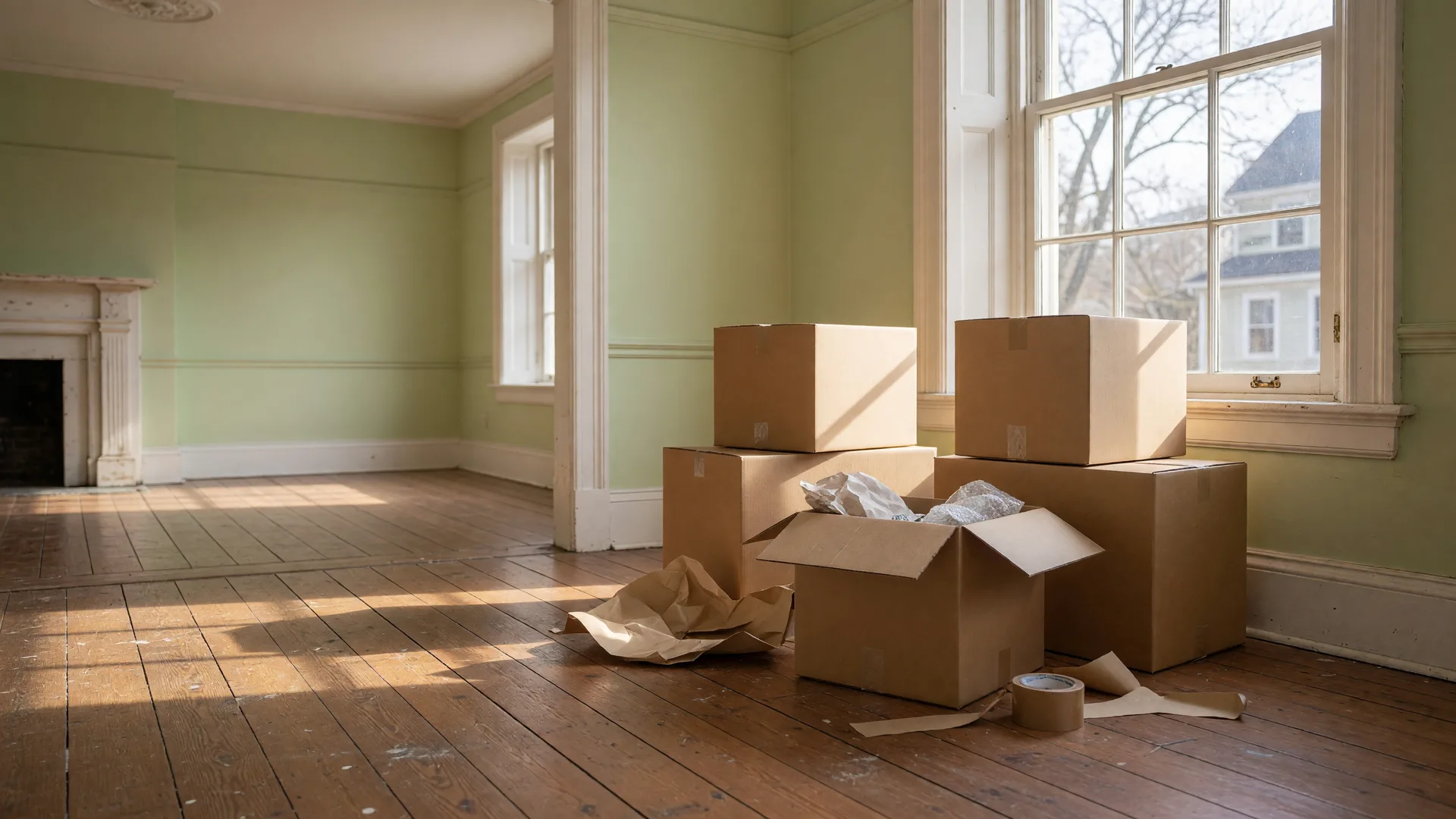 Moving boxes in a bright empty living room of a New England home