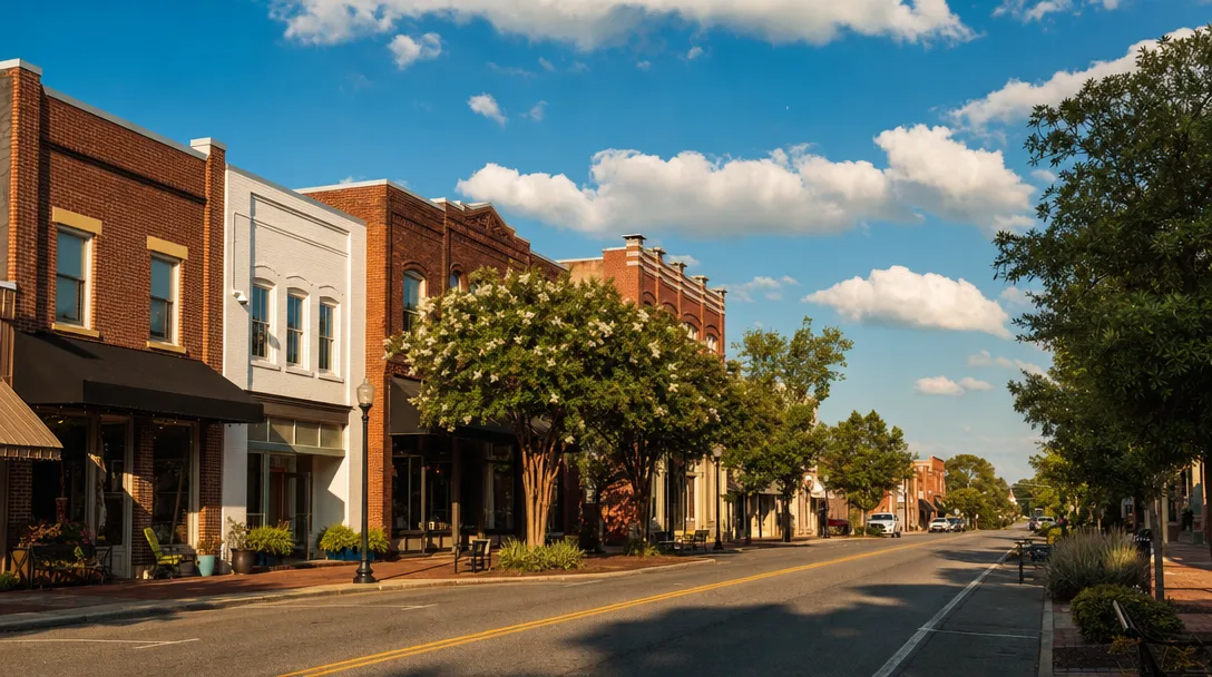 Historic Main Street in Fuquay-Varina, North Carolina with brick storefronts, local shops, and the twin-town's charming downtown character