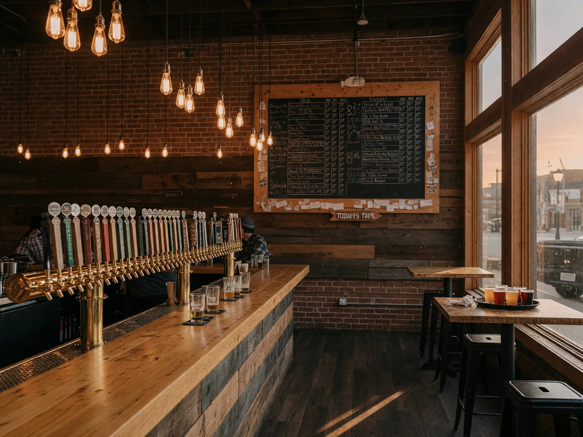 The warm, wood-lined taproom at Something Brewery in downtown Brighton, Colorado