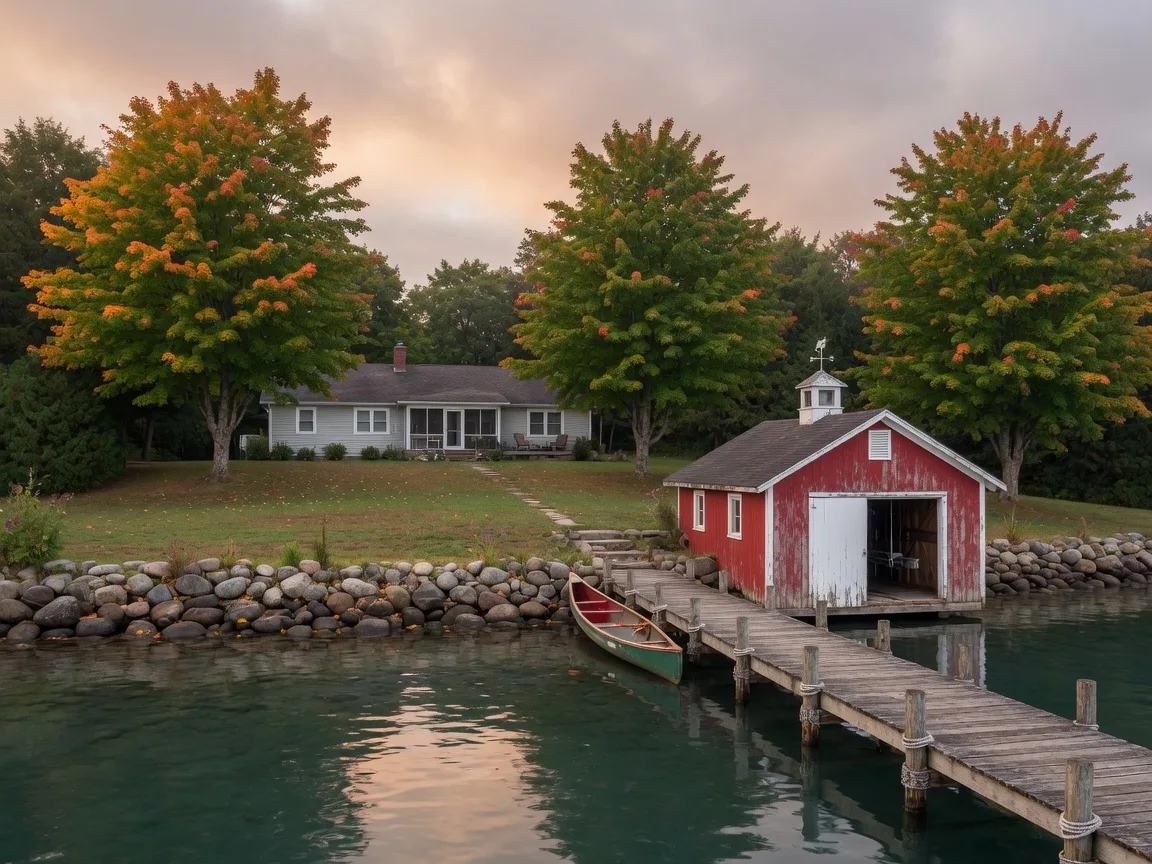 A private waterfront property on Lake Scugog in early autumn with a wooden dock leading to a red-and-white boathouse, a natural stone rip-rap seawall, and a lakeside home among maples turning orange