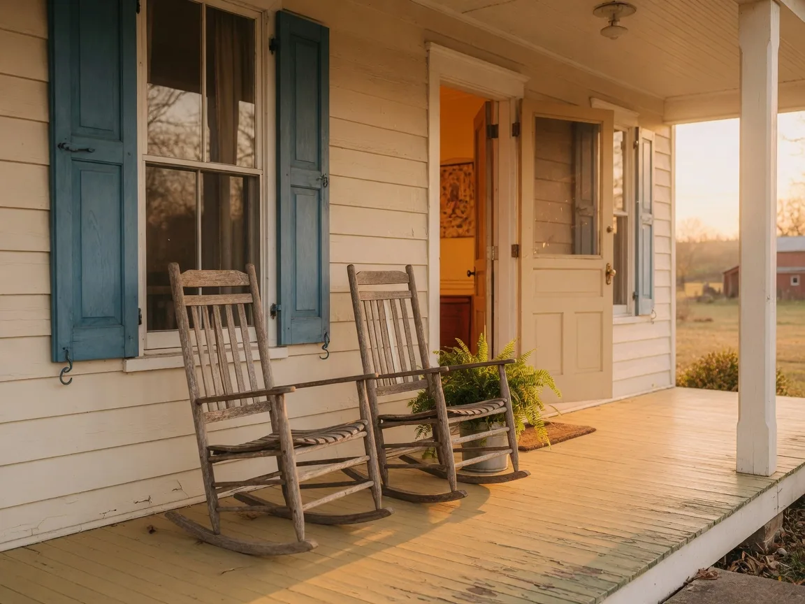 A welcoming Kentucky farmhouse porch with two wooden rocking chairs at golden hour