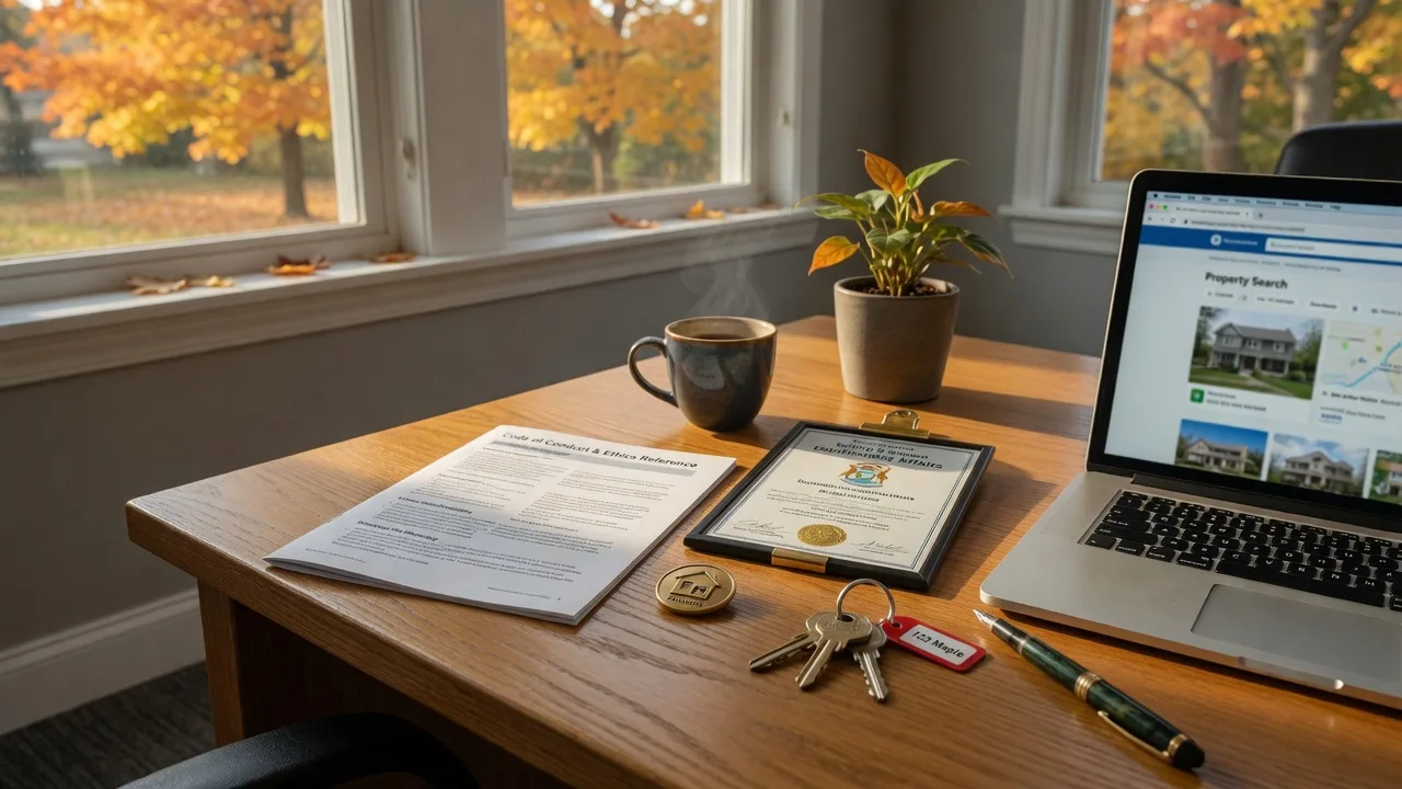 A warm real estate consultation desk with a code-of-conduct booklet, a framed Michigan license certificate, a gold lapel pin, brass house keys, and a fountain pen in golden autumn light