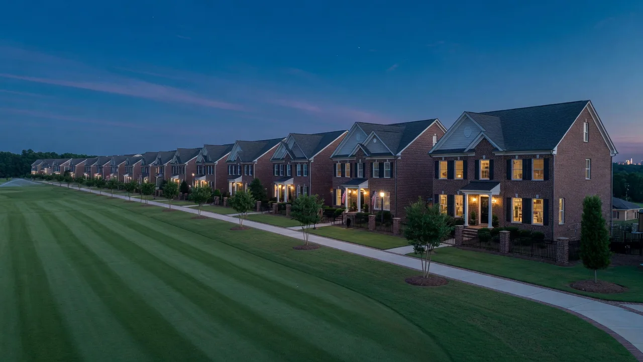 Master-planned Gwinnett community at blue hour with a golf fairway, sidewalks and glowing brick homes