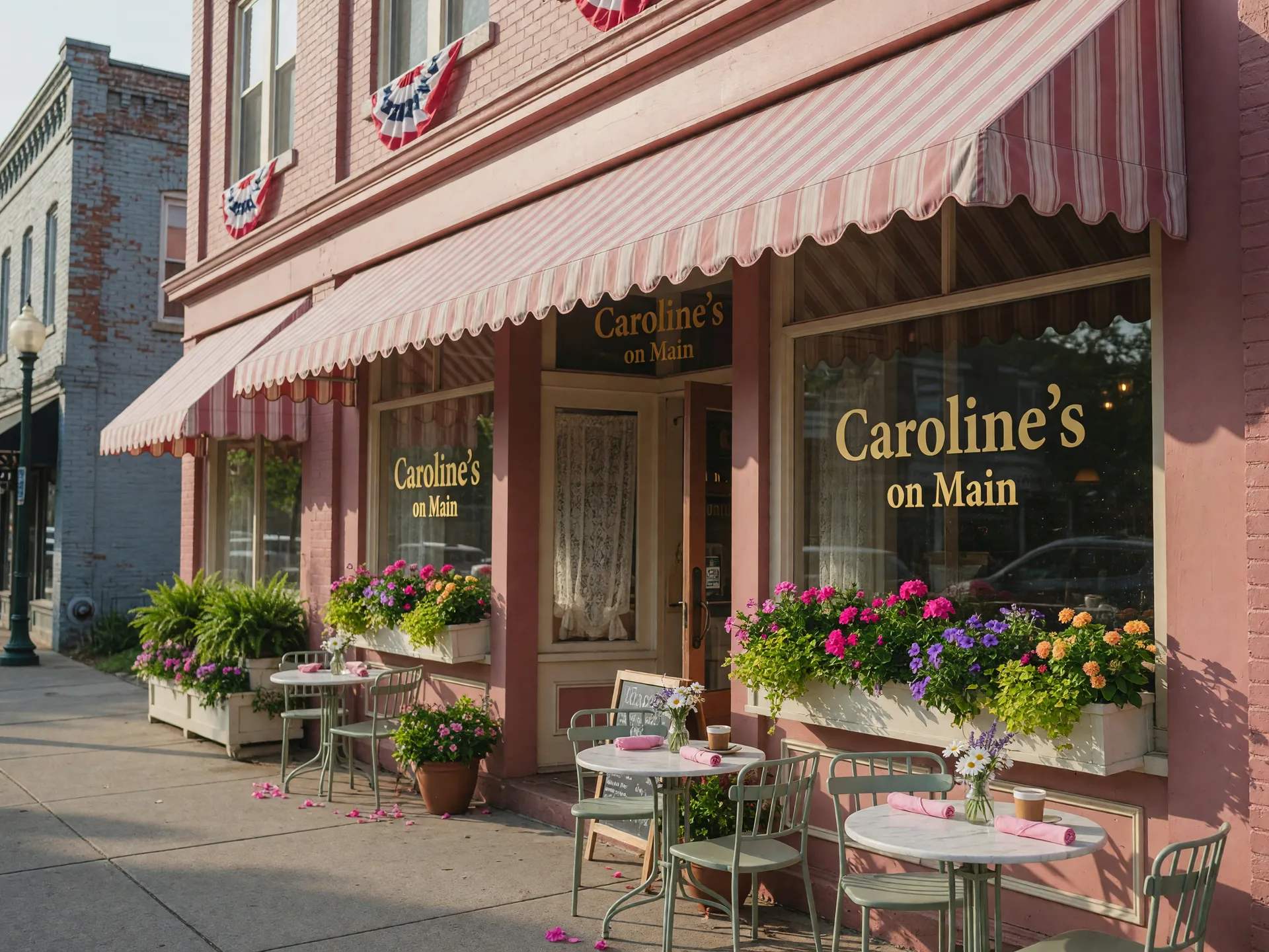 Charming pink-toned facade of Caroline's on Main restaurant on historic Main Street in Flowery Branch Georgia with outdoor sidewalk seating under awnings