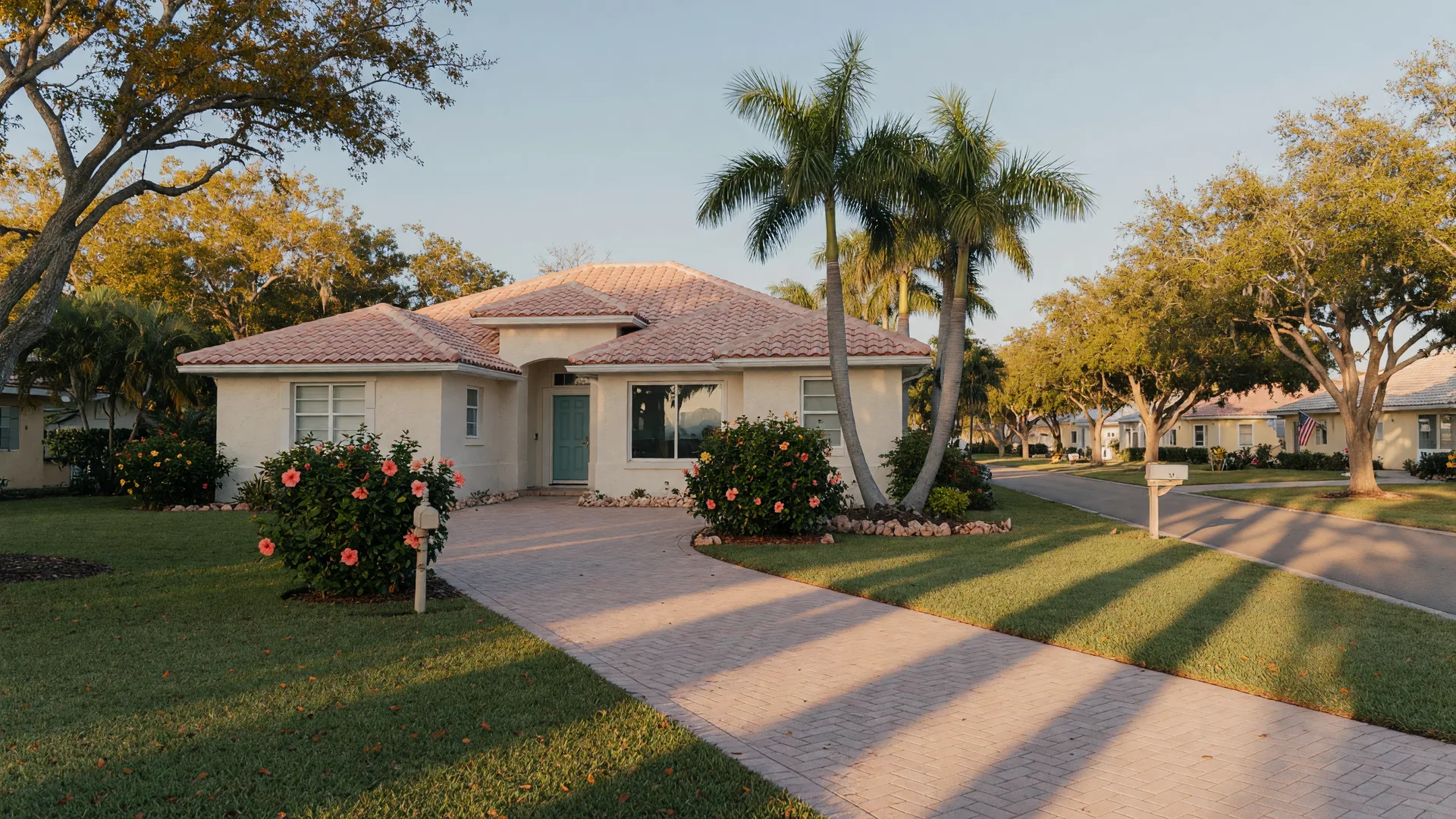 A single-story cream stucco Florida coastal home with a barrel-tile roof, paver driveway, royal palms, and hibiscus in warm early-October morning light with long soft shadows