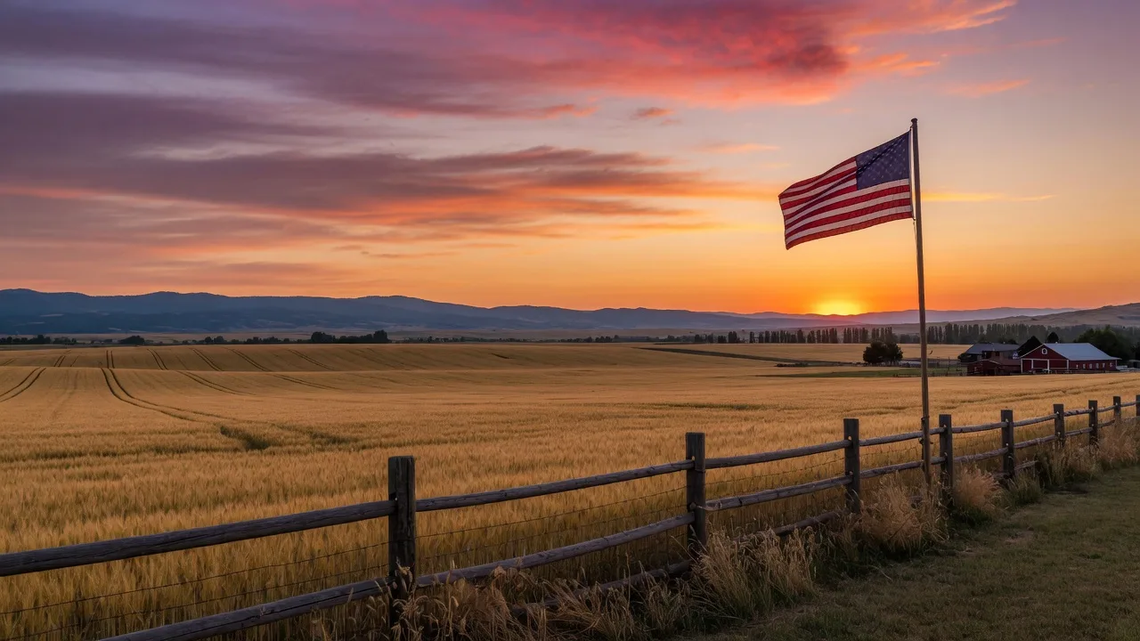 Sunset over Idaho Treasure Valley farmland with American flag