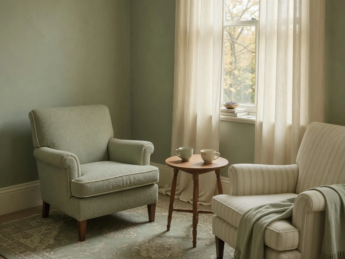 Two warm armchairs facing each other beside a tall window with two ceramic cups on a small table between them
