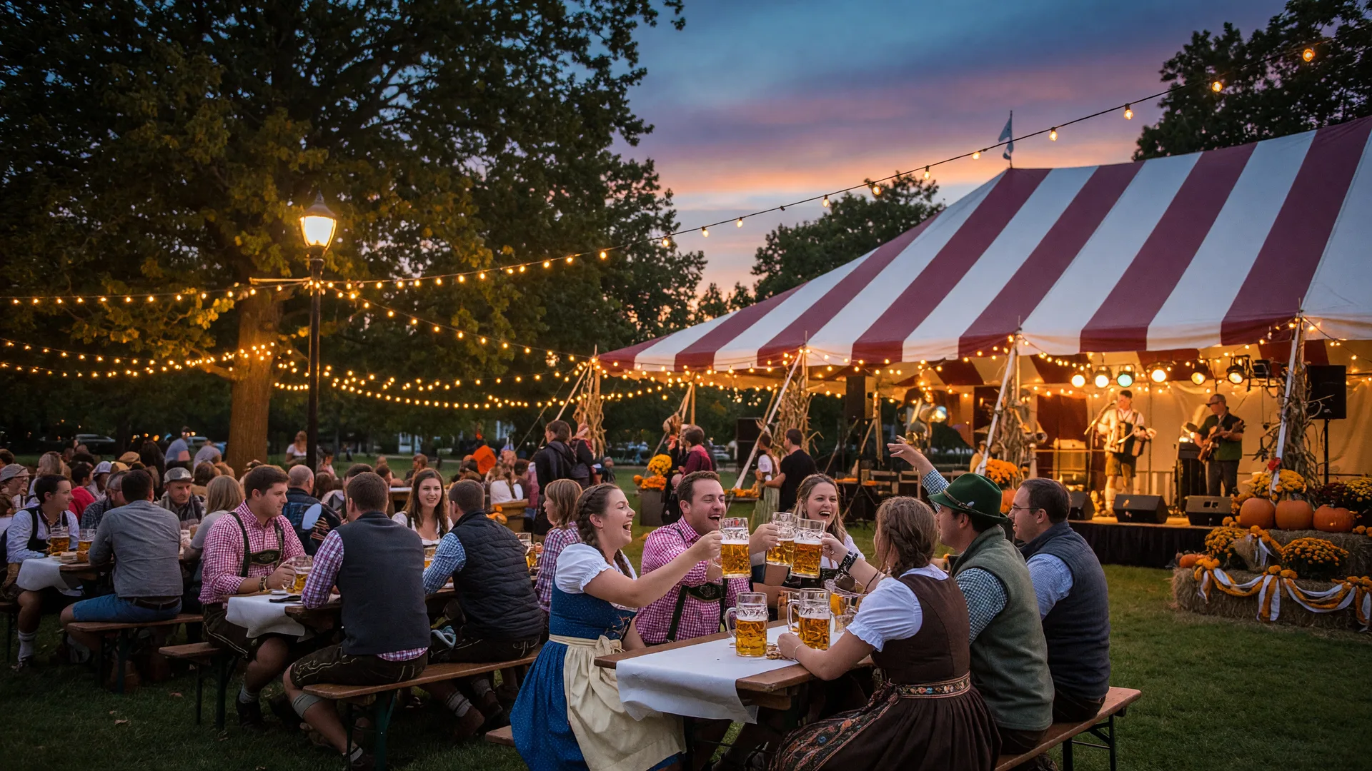 Fest tables and a striped beer tent under string lights at an outdoor Oktoberfest in a downtown park at dusk