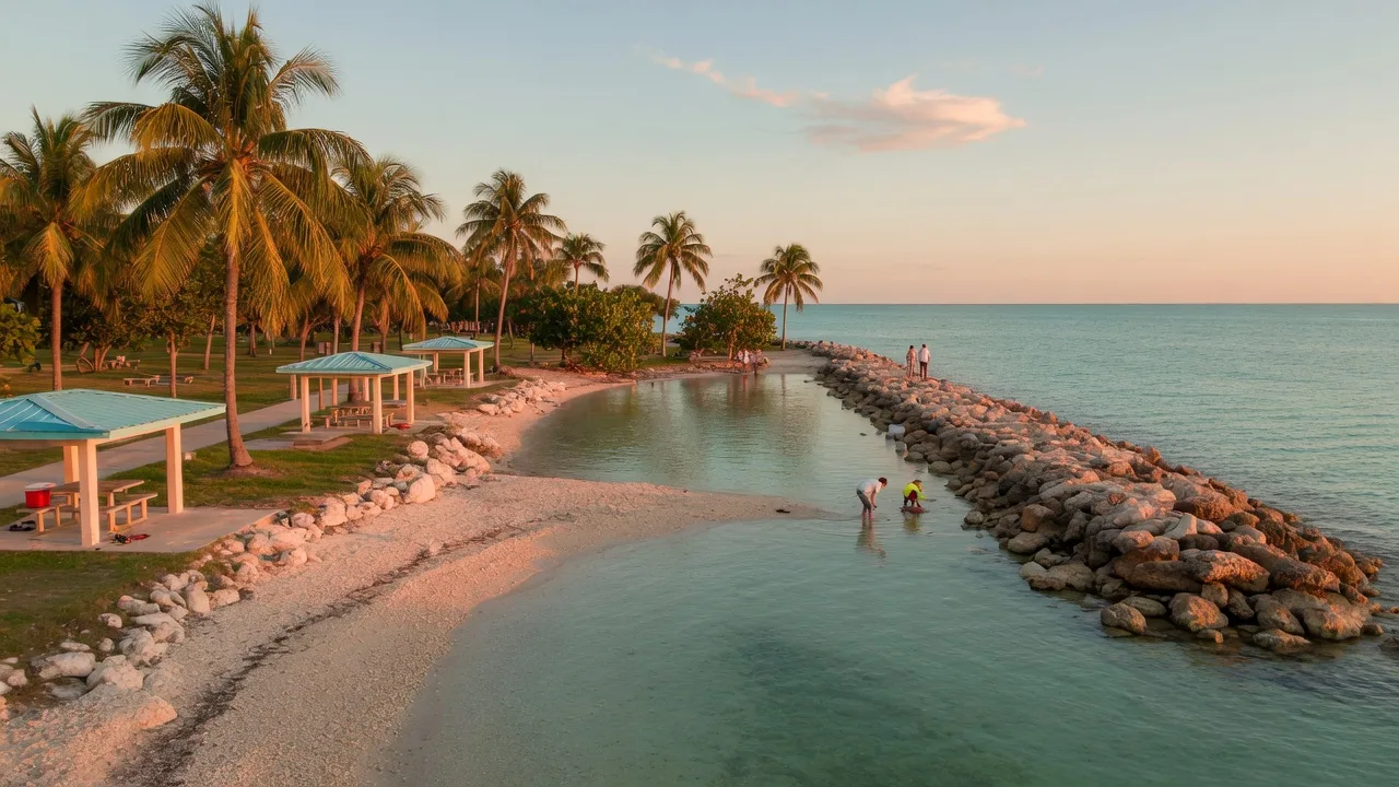 A sunny late-afternoon scene at a public oceanfront park in the Upper Florida Keys, a small protected lagoon beach with calm turquoise water, a long rocky jetty, picnic pavilions and palm trees along the shoreline, a few distant figures wading and strolling