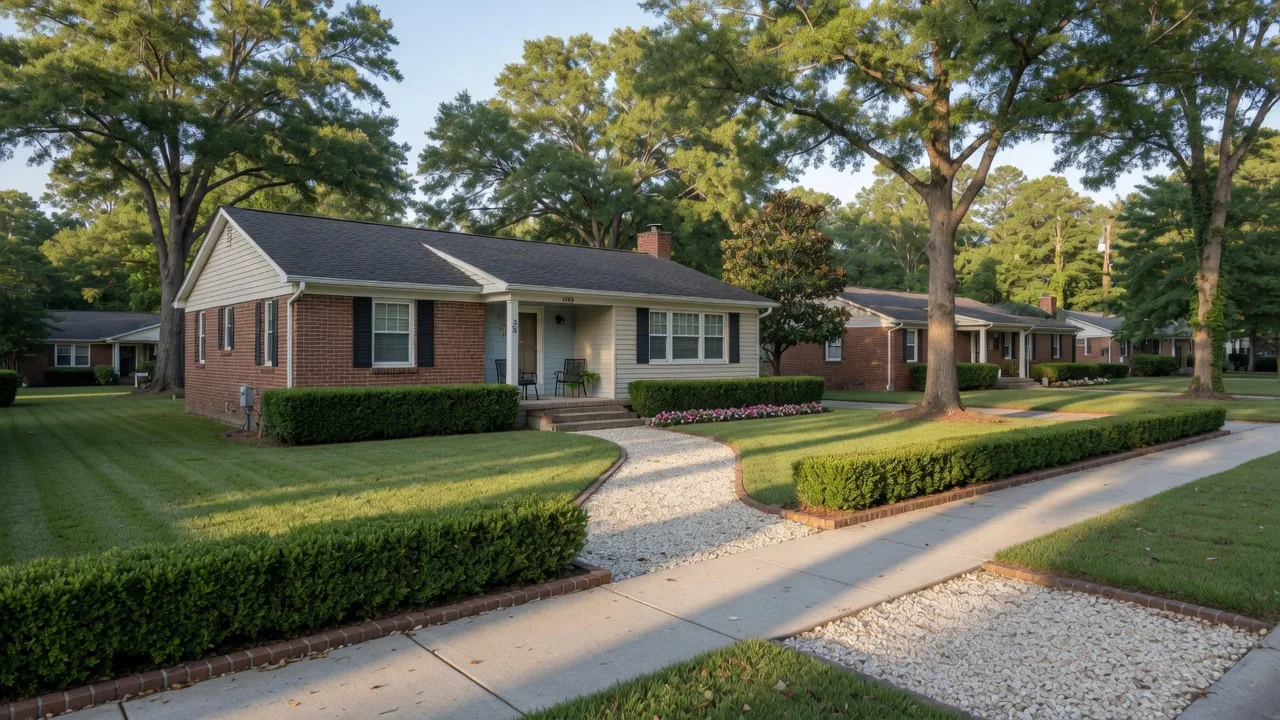 A tidy brick-and-siding rental-style home with a neat yard and tall shade trees on a bright South Carolina morning