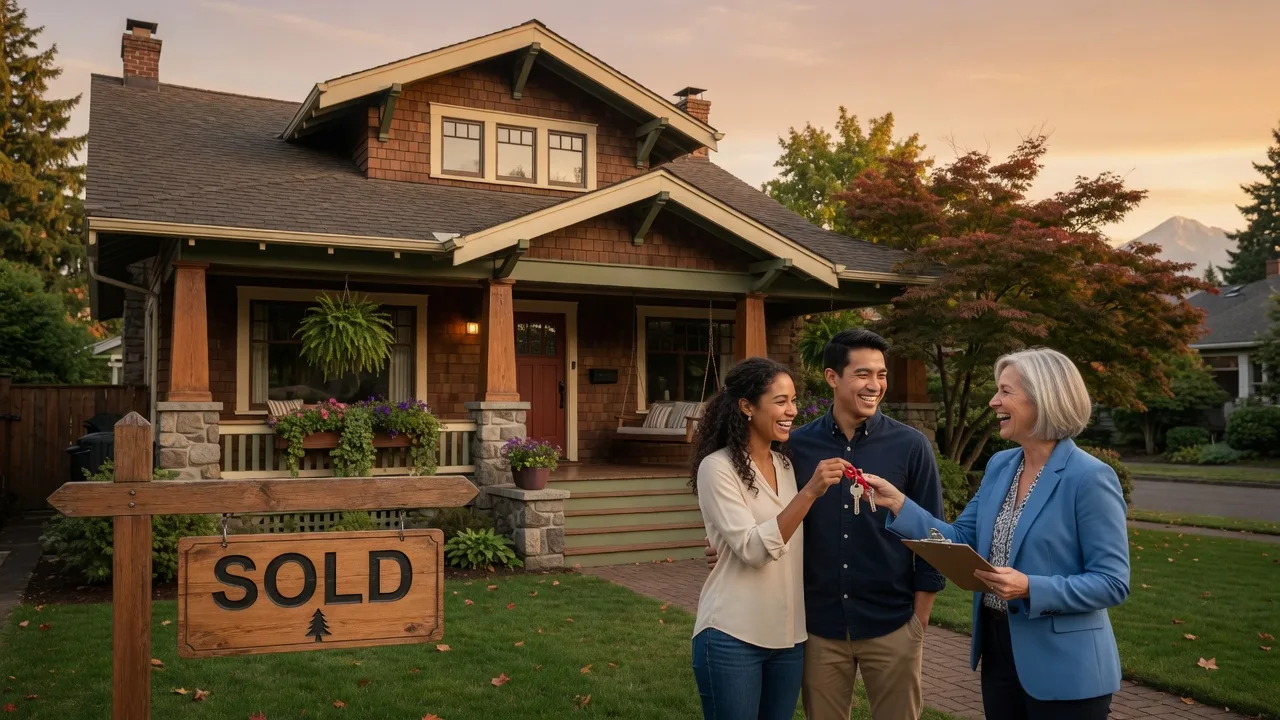 Homebuyers receiving keys from their real estate agent in front of a sold home