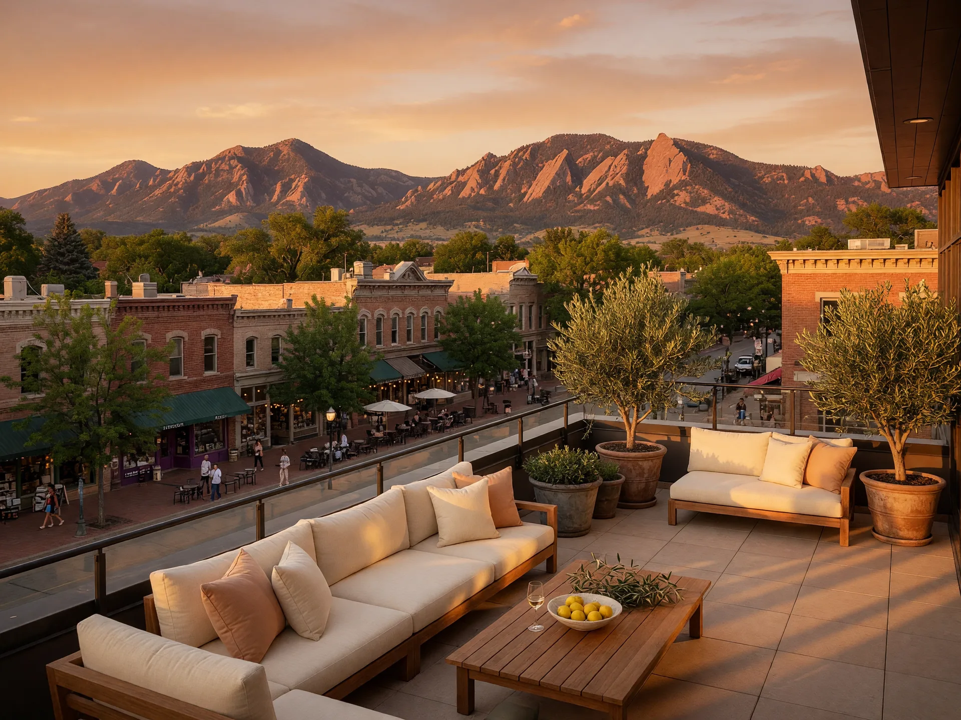 Luxury penthouse terrace in downtown Boulder with Pearl Street Mall views and the Flatirons in the background