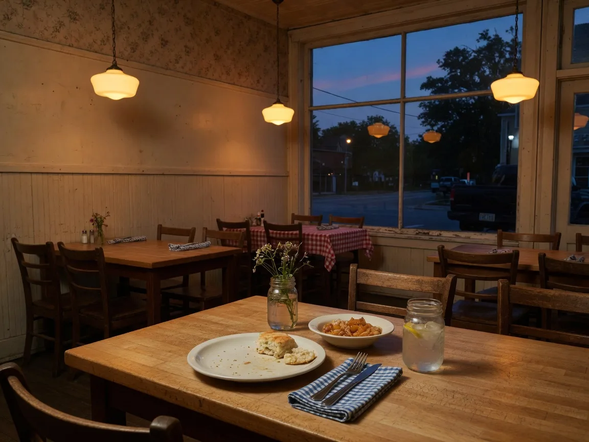 A warm Georgia restaurant table at dusk