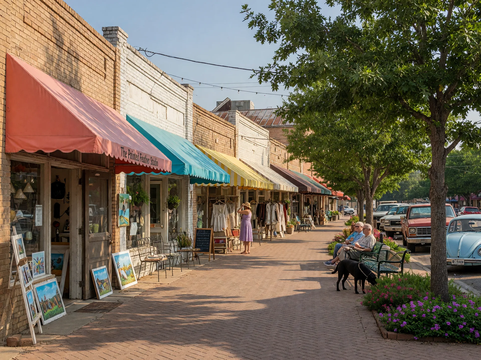 Historic Old Ingram Loop district with charming storefronts, art studios, antique shops, and a brick sidewalk under warm afternoon sun