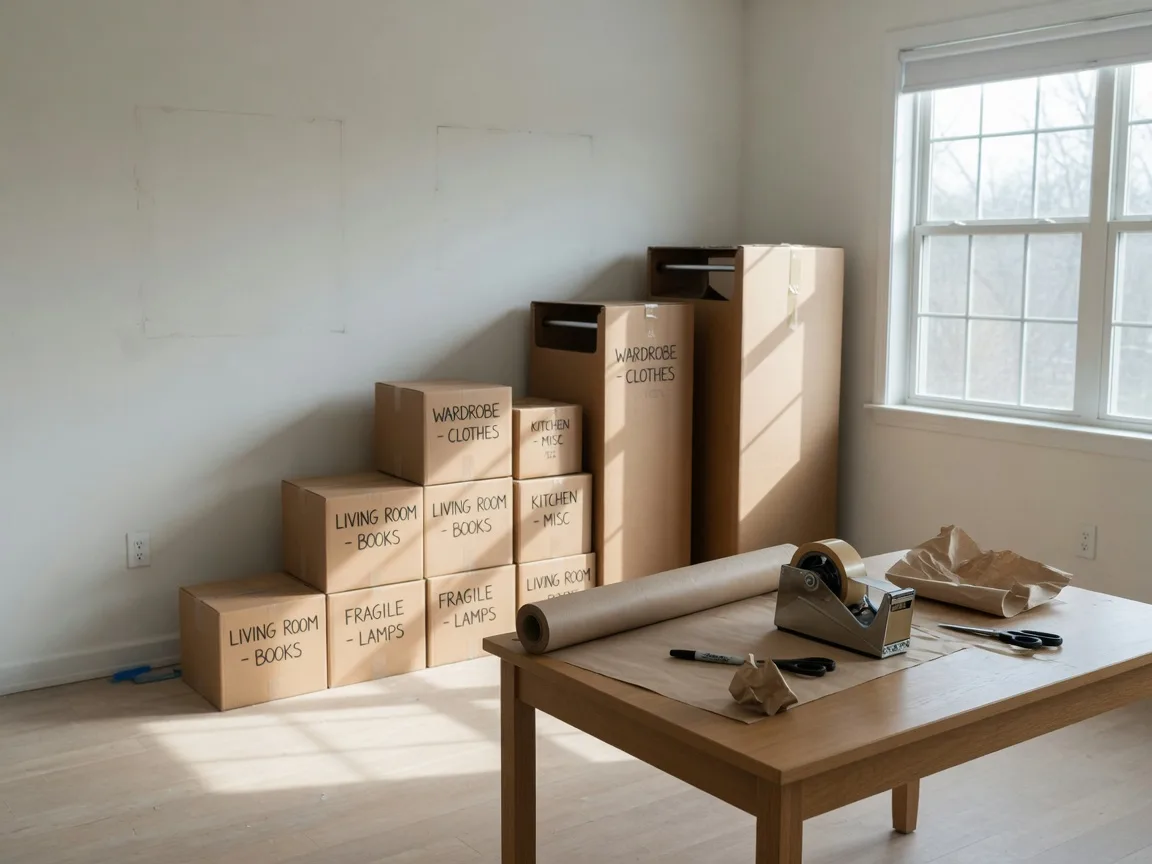 Stacks of sealed moving boxes in an empty living room being packed for a long-distance move