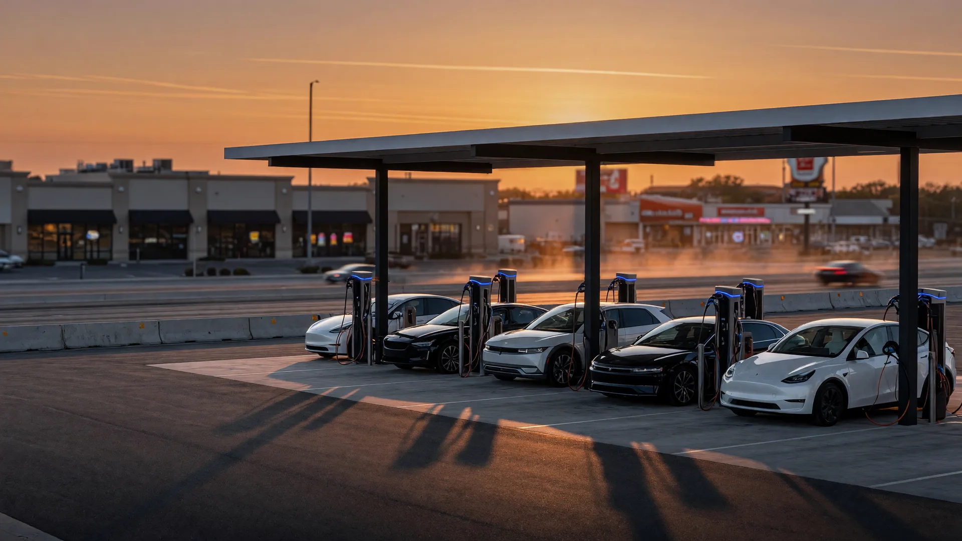 An electric vehicle fast-charging station with sleek cars plugged into tall pedestals beside a Texas highway at dusk