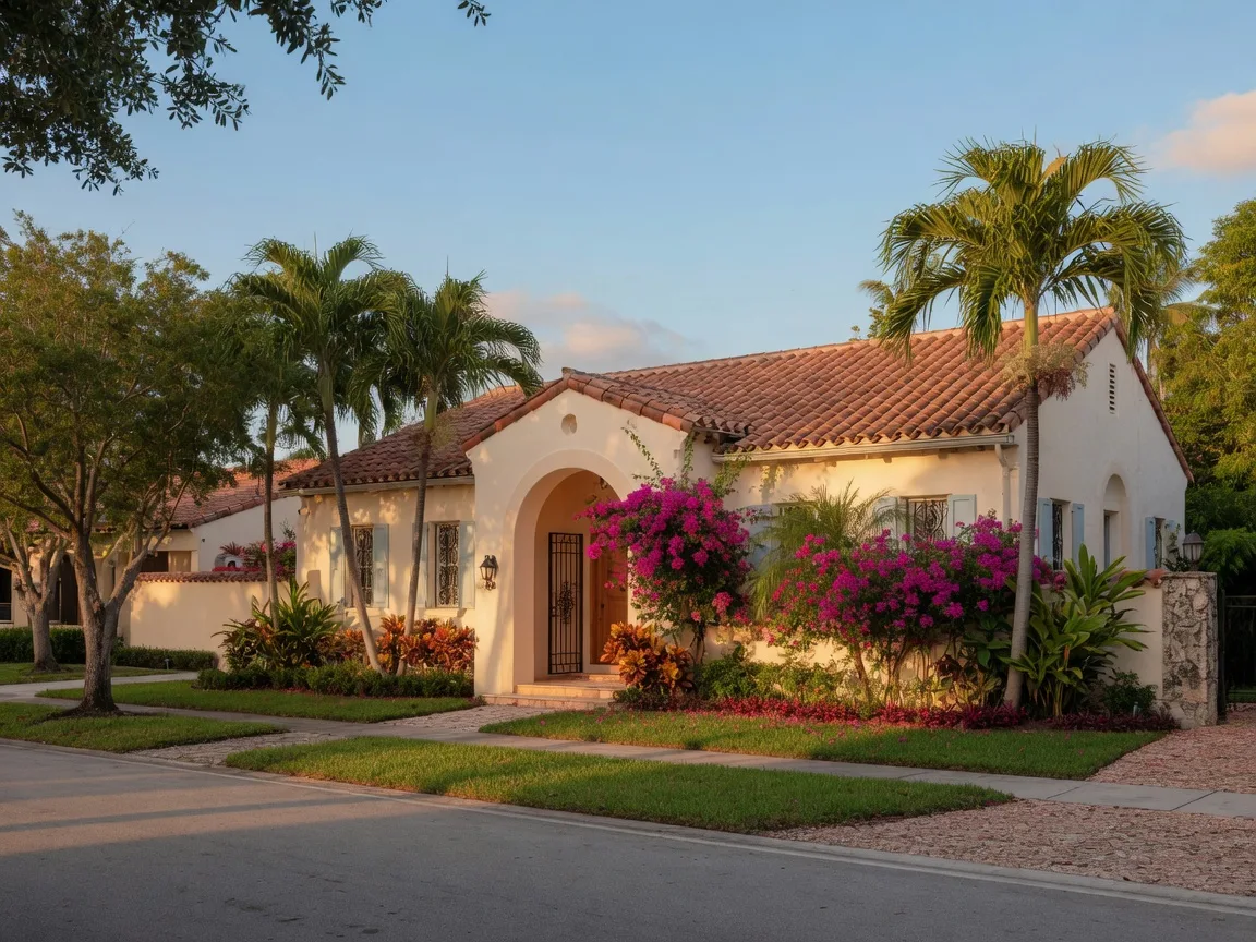 Mediterranean revival single-family home in Coral Gables with cream stucco walls, clay tile roof, and a lush tropical front yard