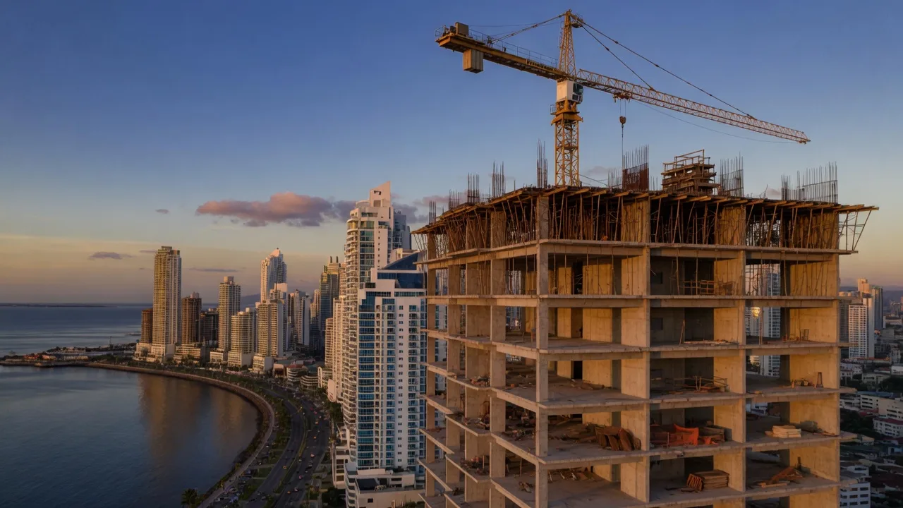 A modern residential tower under construction on the Panama City waterfront at golden hour, with a tower crane above the concrete frame and the Pacific skyline behind