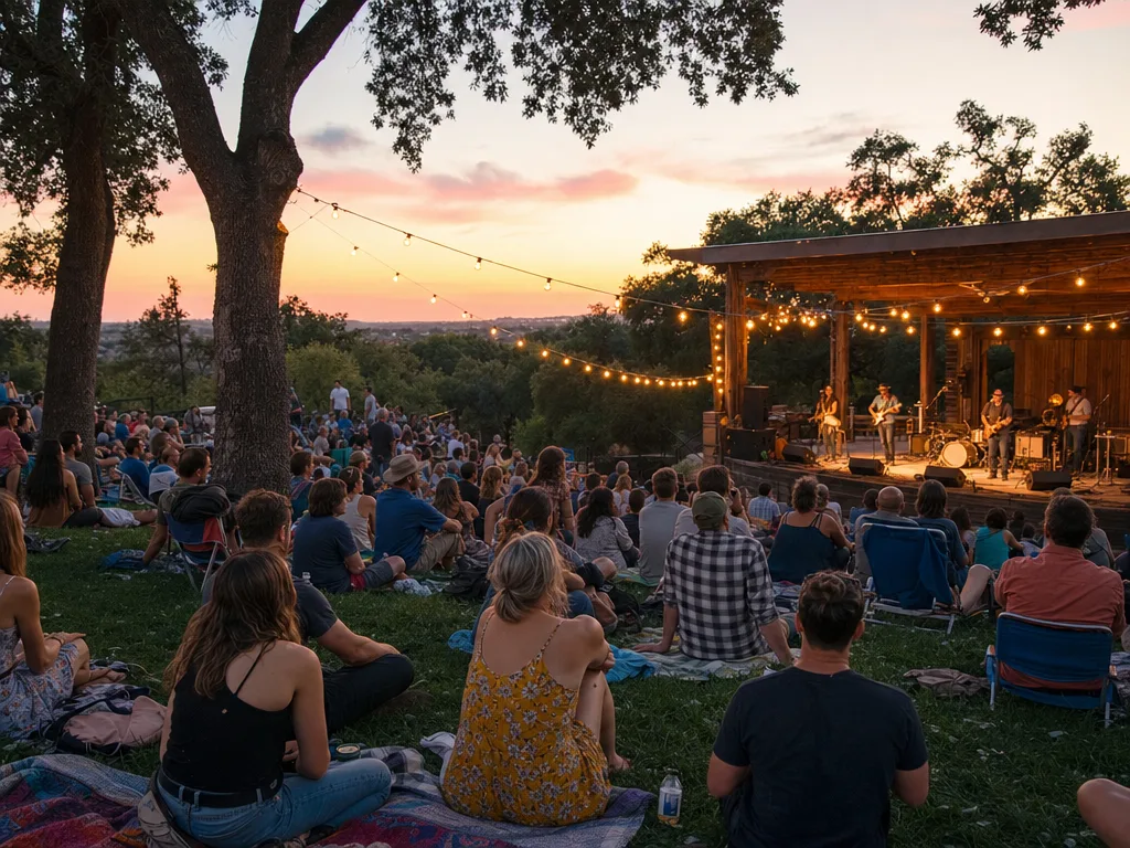 Summer evening outdoor concert in a Central Valley park with people on blankets and lawn chairs, a band on a wooden stage under string lights at twilight