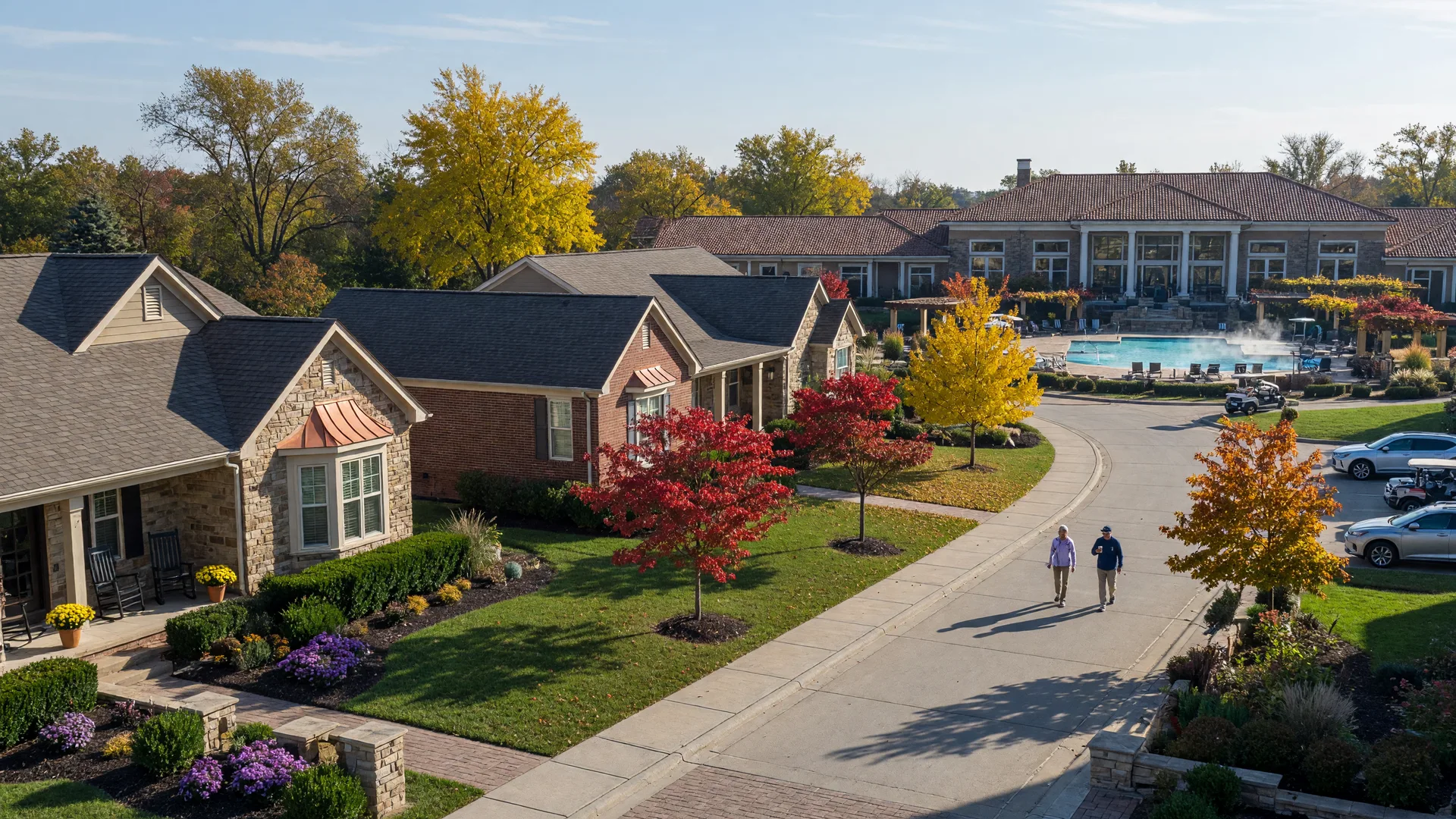 An upscale 55+ active-adult community in the Indianapolis suburbs on a sunny October morning, single-level ranch homes with stone and brick facades, a resort-style clubhouse with pool in the distance, and warm fall foliage