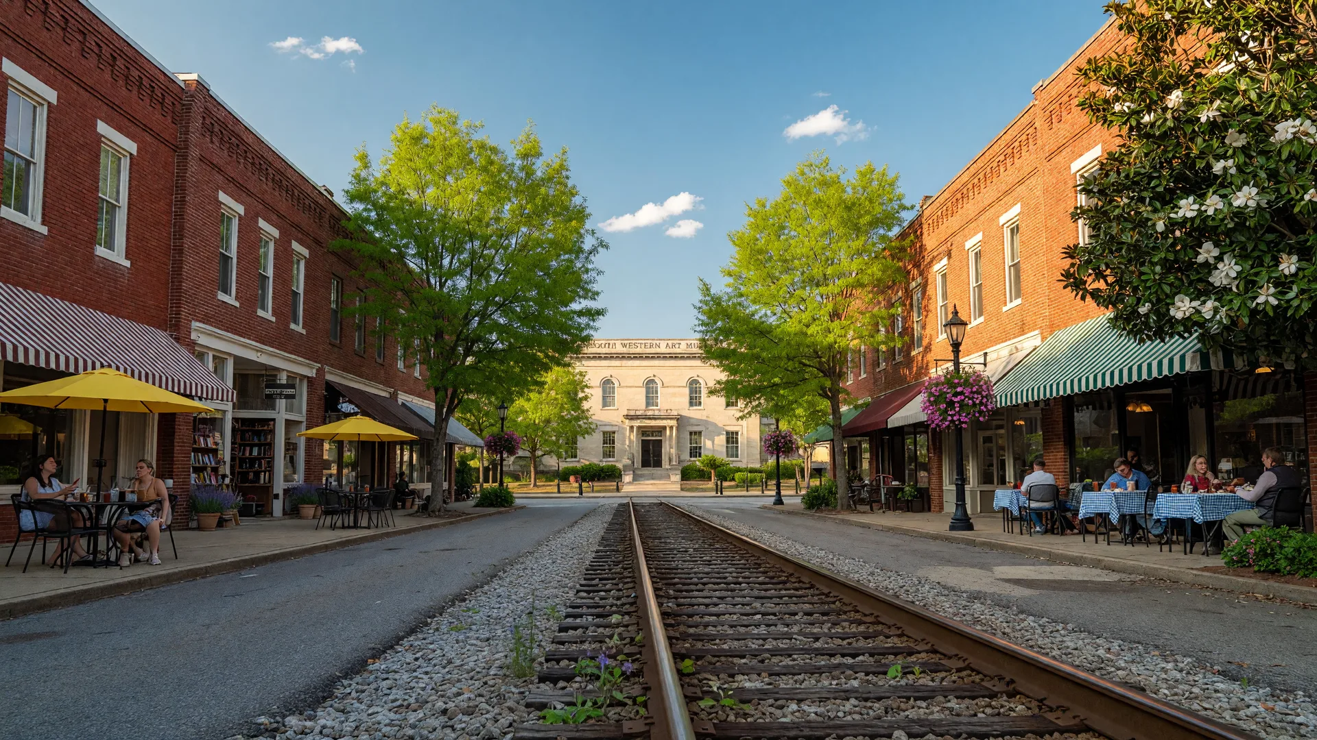 Historic downtown Cartersville, Georgia looking down railroad tracks lined with restored brick buildings, local shops, and restaurants on a sunny spring afternoon