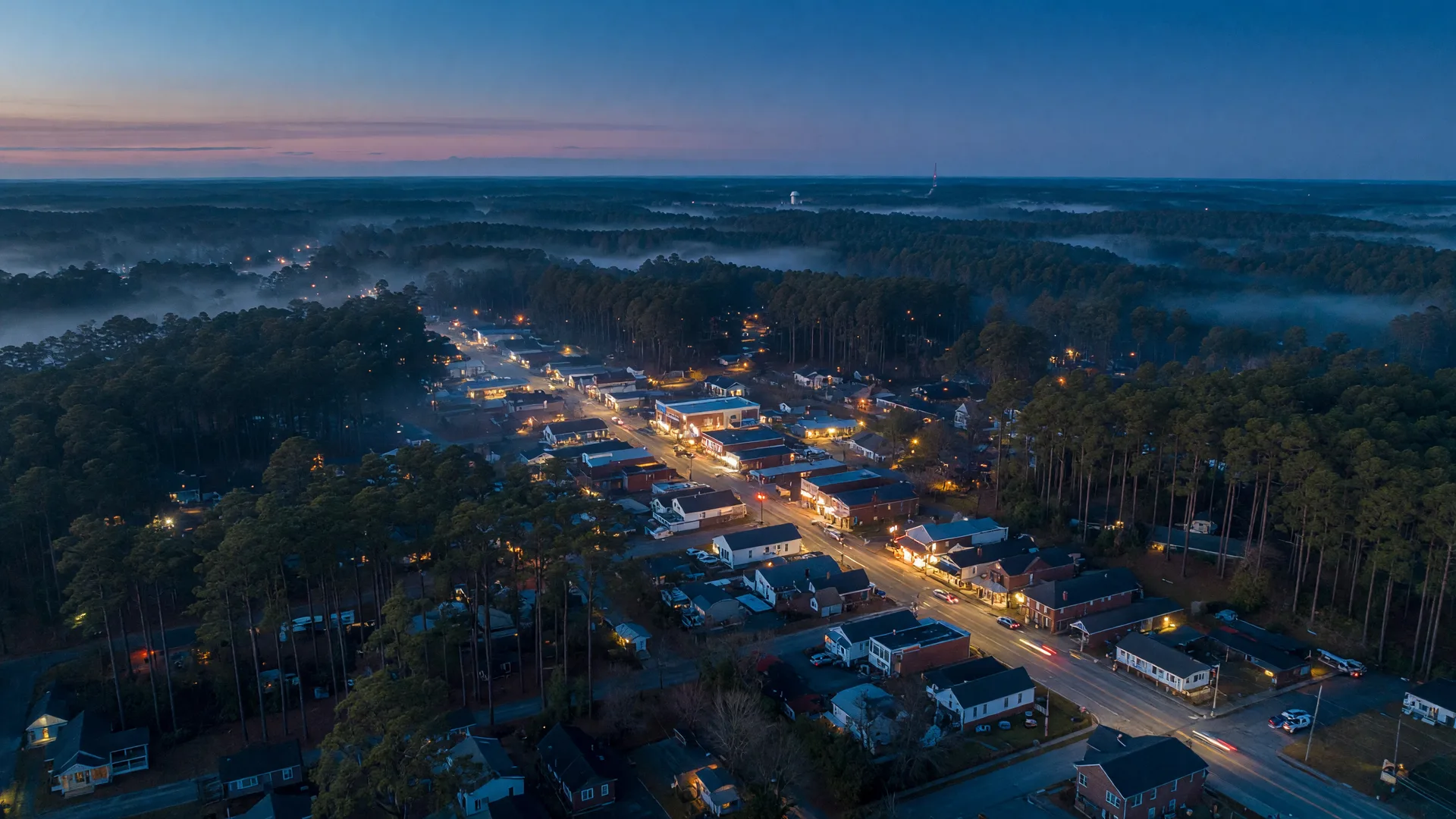Blue-hour aerial view of a Southern town glowing among the longleaf pines