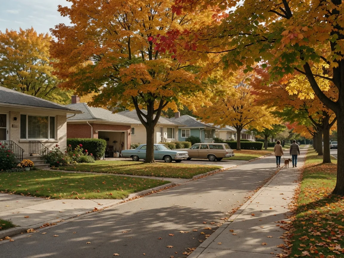 Tree-lined mid-century street in Oshawa in autumn