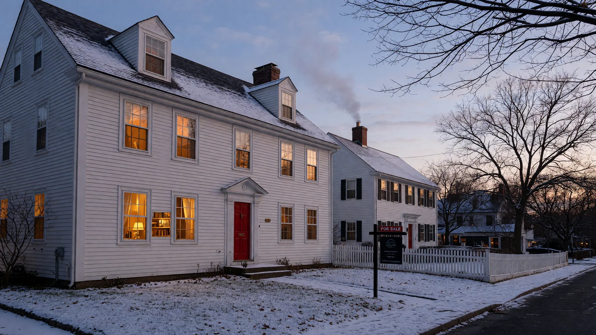 A classic white clapboard New England colonial home in a New Haven neighborhood in early winter at dusk, with a light dusting of snow, warm glowing windows, bare maples, and a small real estate sign near the walk