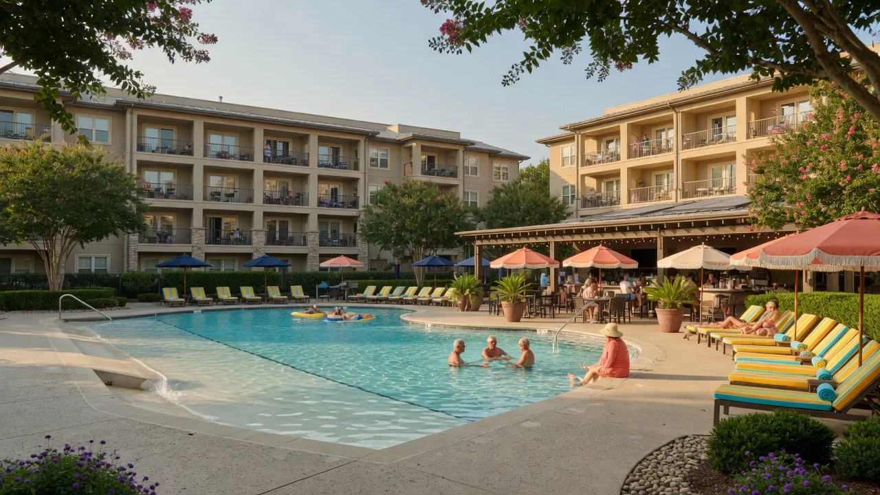 The resort-style zero-entry pool at The Oasis in Bailey's Glen, Cornelius, with sun decks, loungers, a poolside bar, and modern condos with balconies behind