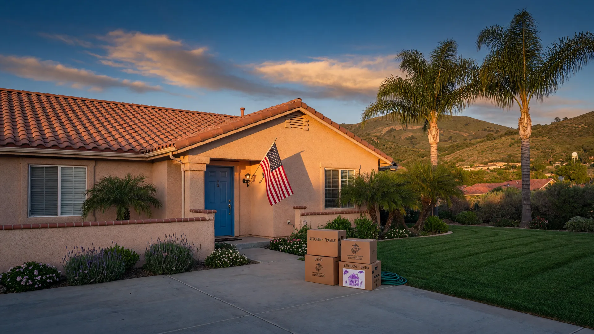 A welcoming Murrieta home at golden hour with an American flag by the front door and moving boxes on the driveway, representing a military family settling into a new home