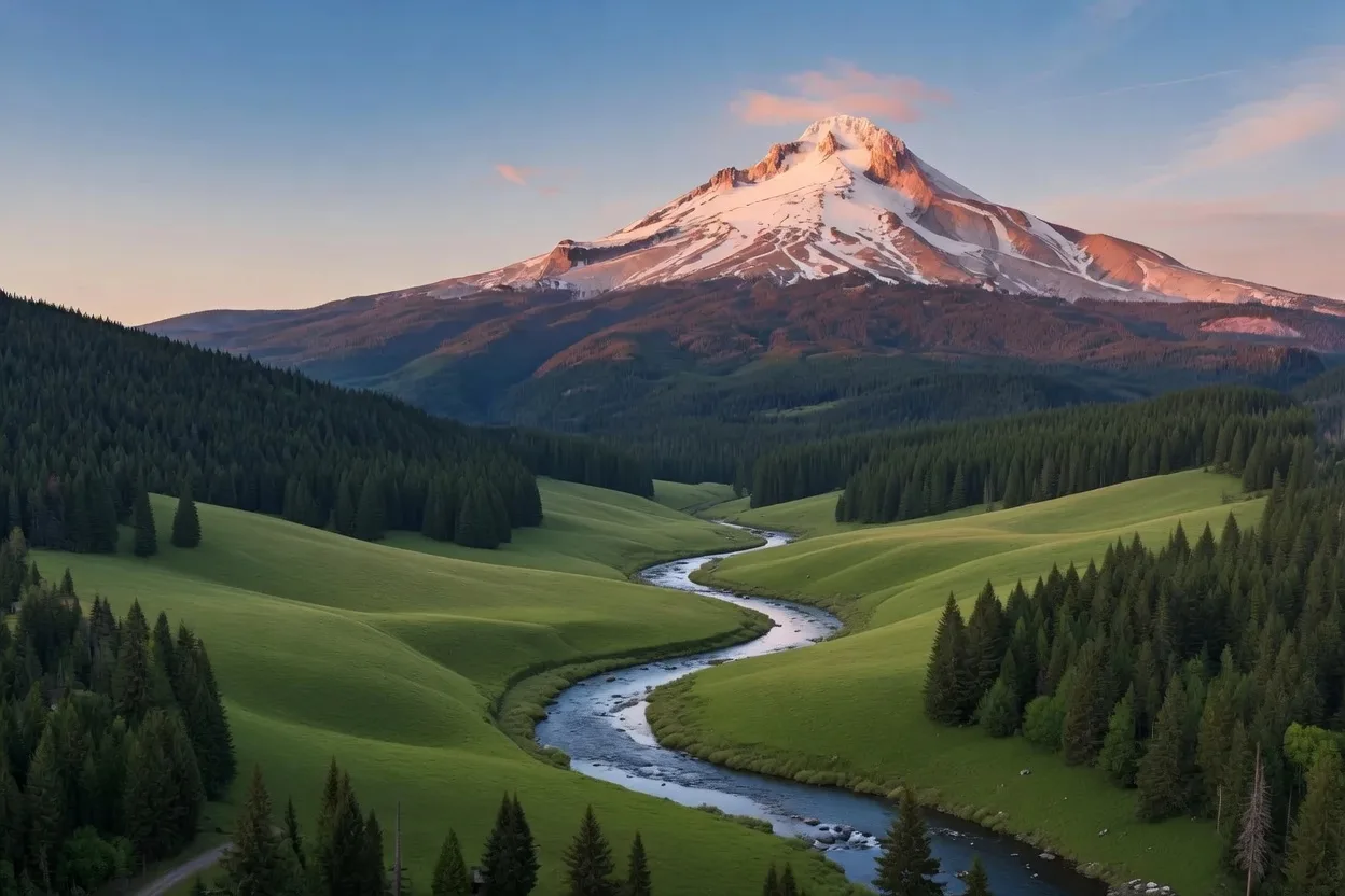 Mount Hood's snow-capped peak towering over a green valley with evergreen forests