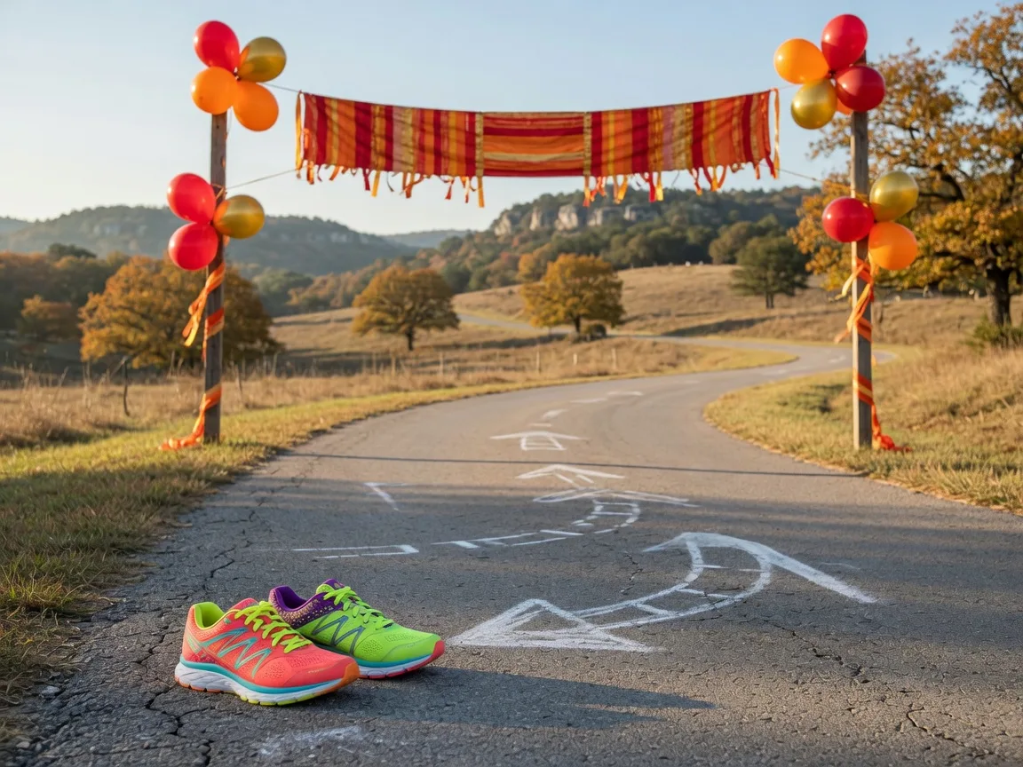 Running shoes on a sunny country road with a race marker at the Wimberley Turkey Trot