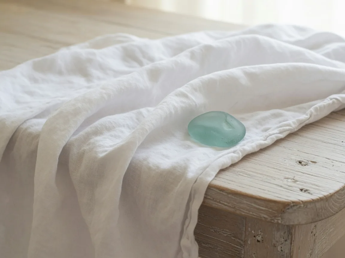 Coastal still life with white linen and sea glass